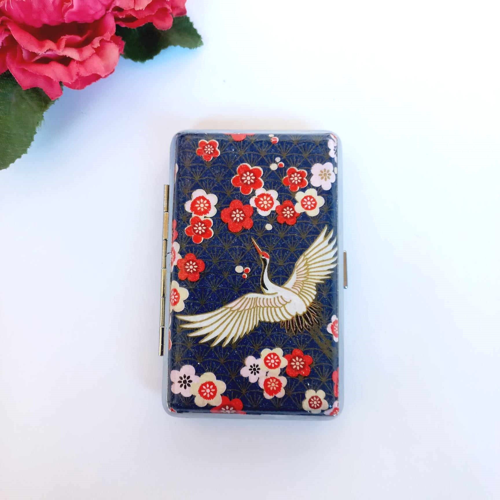 Crane bird  cigarrette case, 100's slim cigarette box, asiatic floral pattern, credit card case, business card case, elegant gift for her
