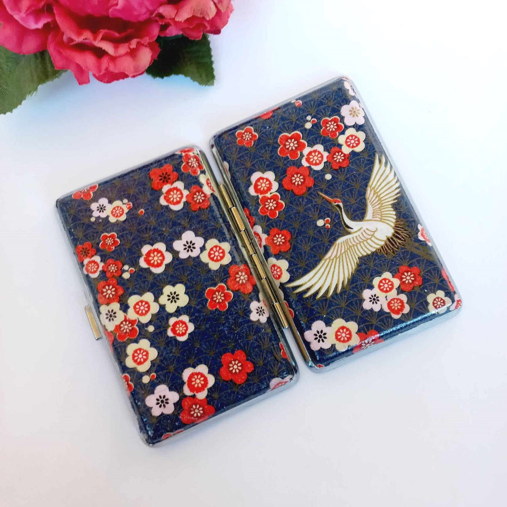 Crane bird  cigarrette case, 100's slim cigarette box, asiatic floral pattern, credit card case, business card case, elegant gift for her