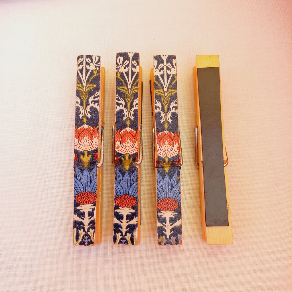 Set of 4 William Morris Pegs Magnets, Fridge Magnet, Office Clips, Memo Organizer, Fridge Pegs, Decorated Clips, Teacher Gift,