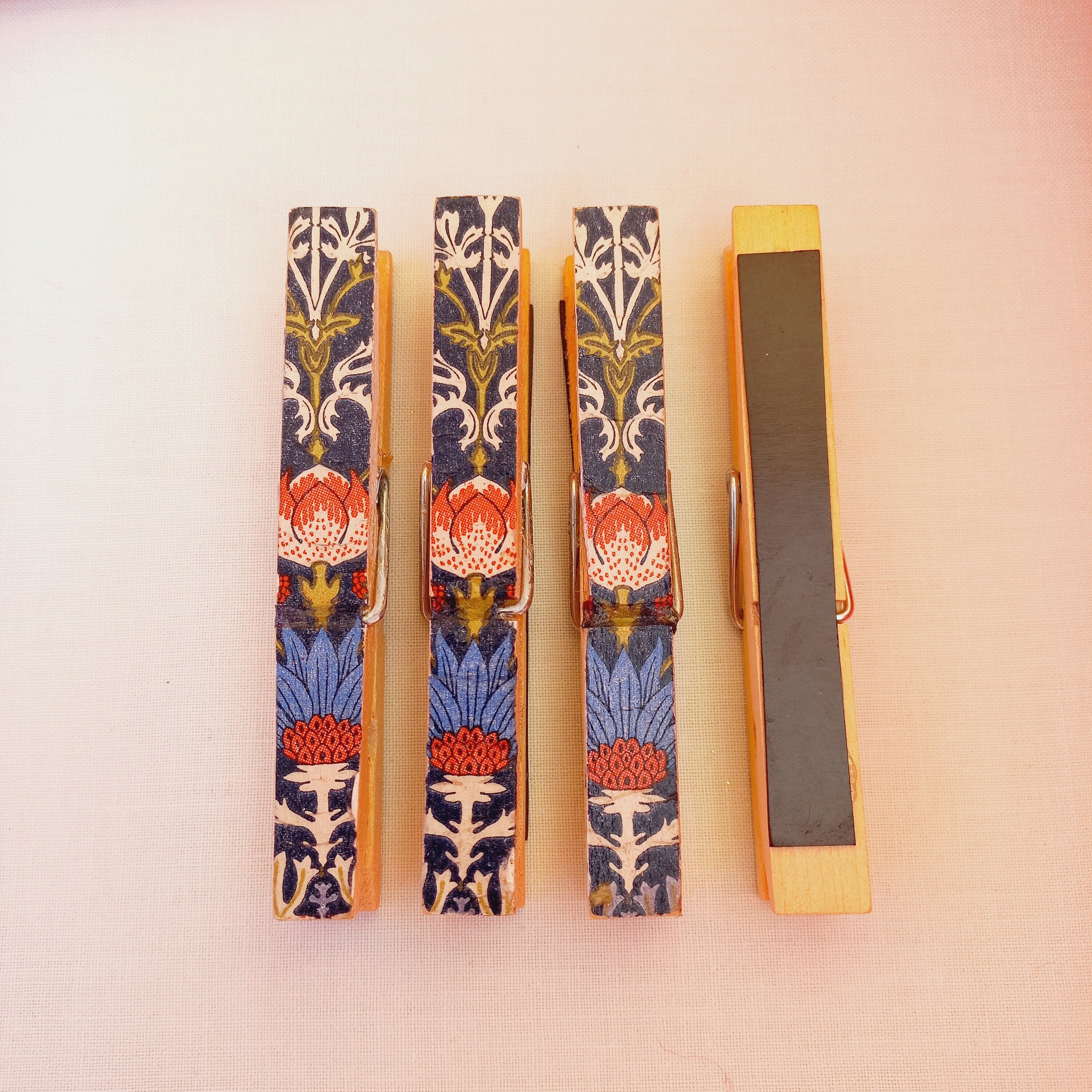 Set of 4 William Morris Pegs Magnets, Fridge Magnet, Office Clips, Memo Organizer, Fridge Pegs, Decorated Clips, Teacher Gift,