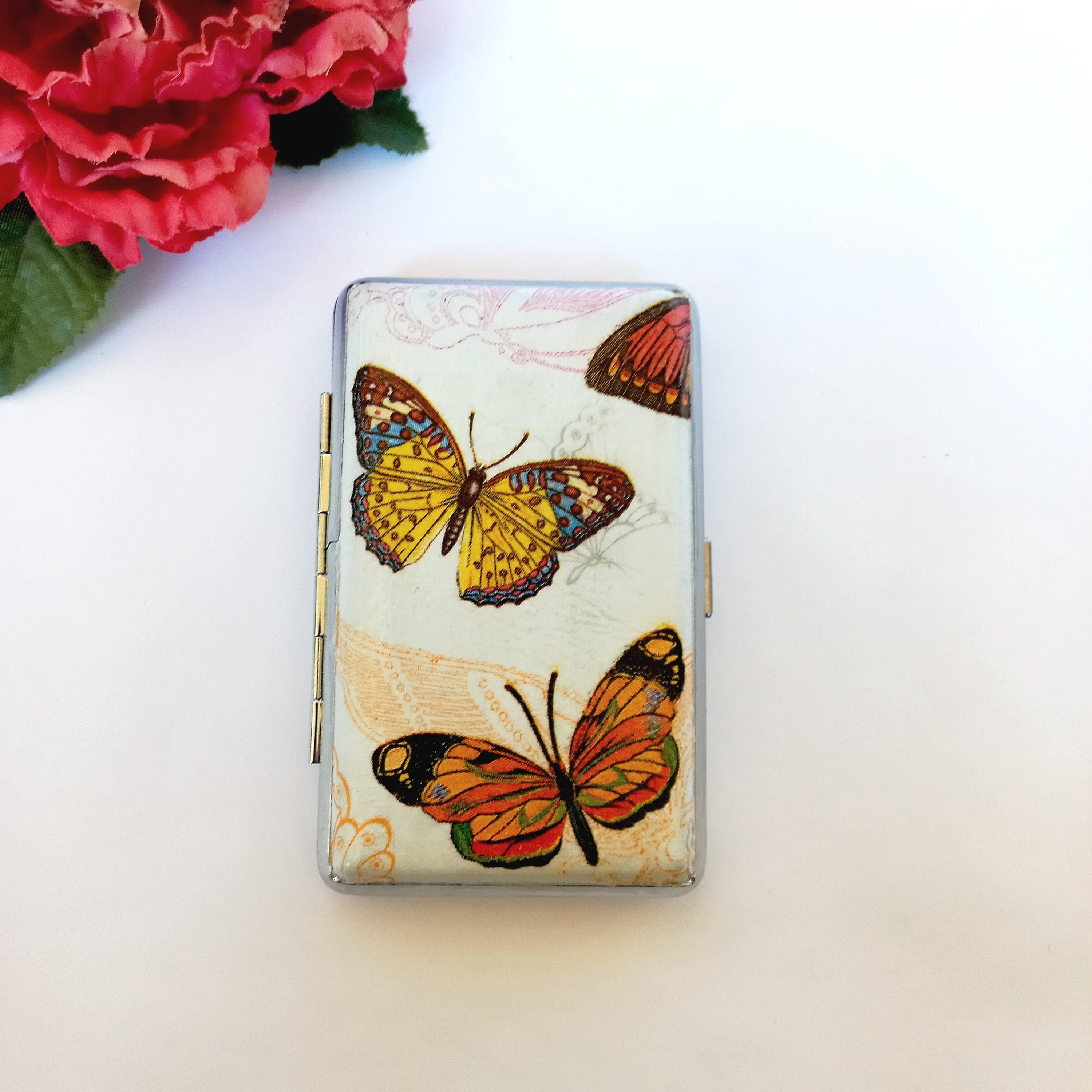 Slim 100 Cigarette Case with Butterflies, Business Card Case, Gift for Smokers, Elegant Gift for Her, Credit Card Case, Bag Purse