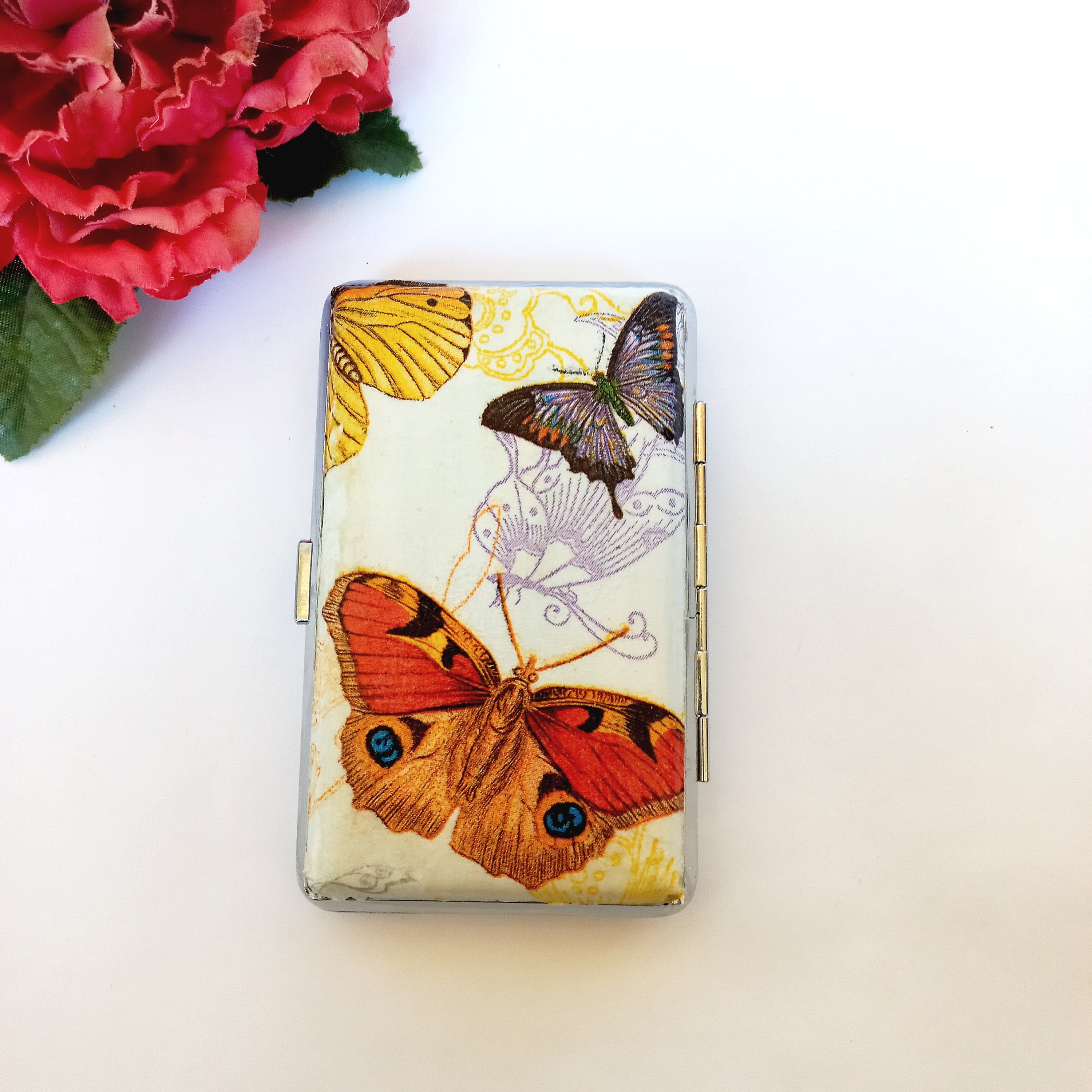 Slim 100 Cigarette Case with Butterflies, Business Card Case, Gift for Smokers, Elegant Gift for Her, Credit Card Case, Bag Purse
