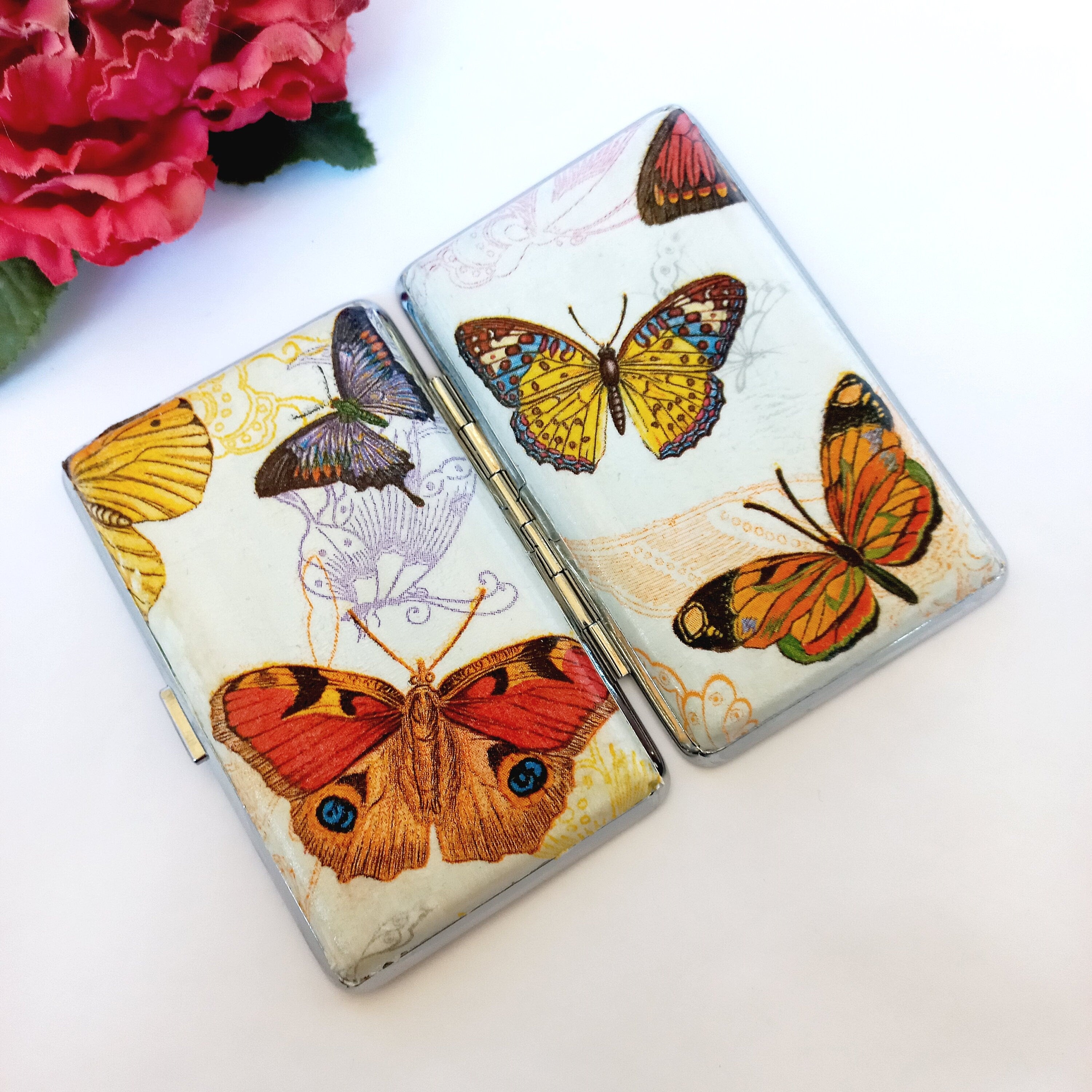Slim 100 Cigarette Case with Butterflies, Business Card Case, Gift for Smokers, Elegant Gift for Her, Credit Card Case, Bag Purse