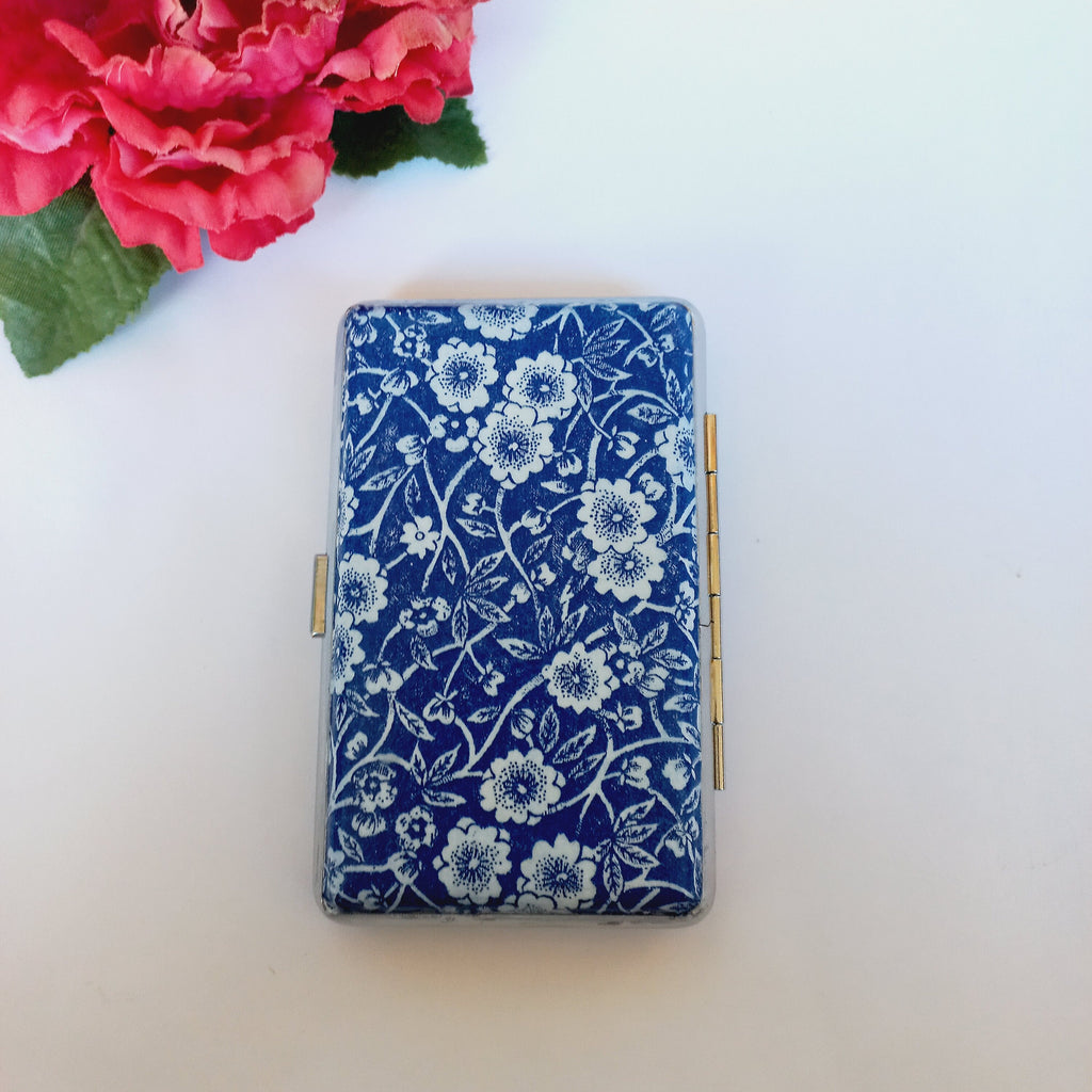 Burleigh Blue Calico cigarrette case, 100s slim cigarette box, Gentle cobalt blue floral pattern case, business card case for her