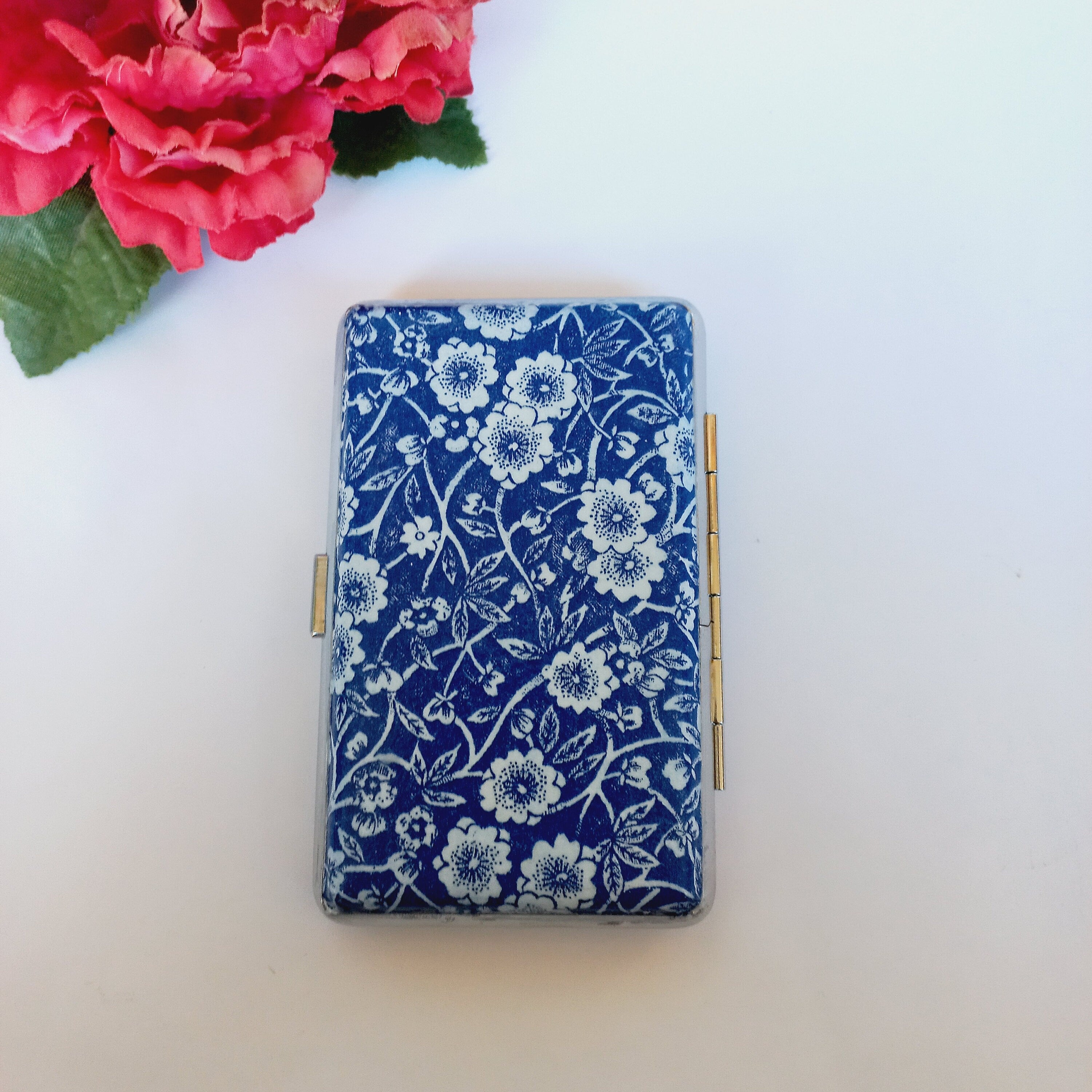 Burleigh Blue Calico cigarrette case, 100s slim cigarette box, Gentle cobalt blue floral pattern case, business card case for her