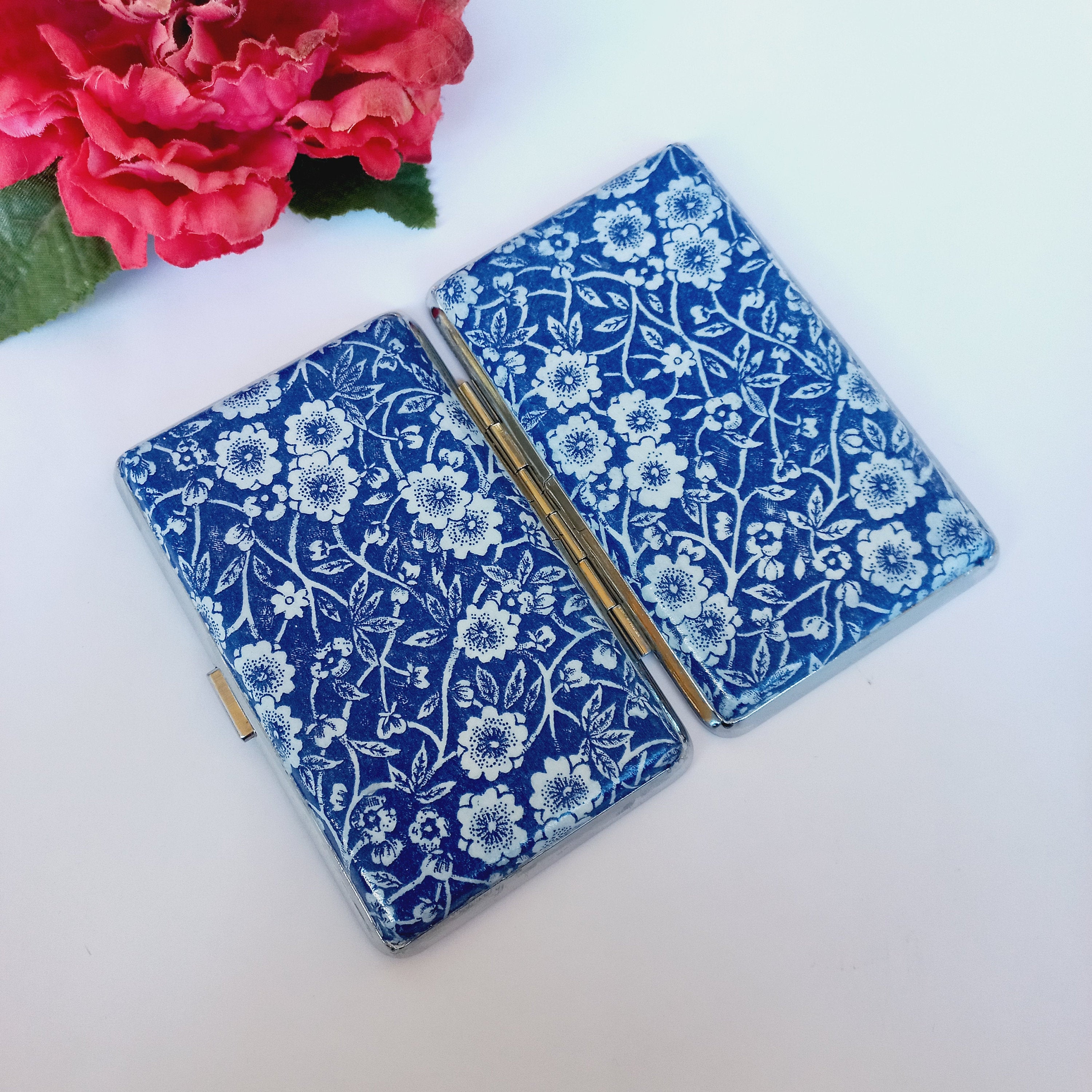 Burleigh Blue Calico cigarrette case, 100s slim cigarette box, Gentle cobalt blue floral pattern case, business card case for her