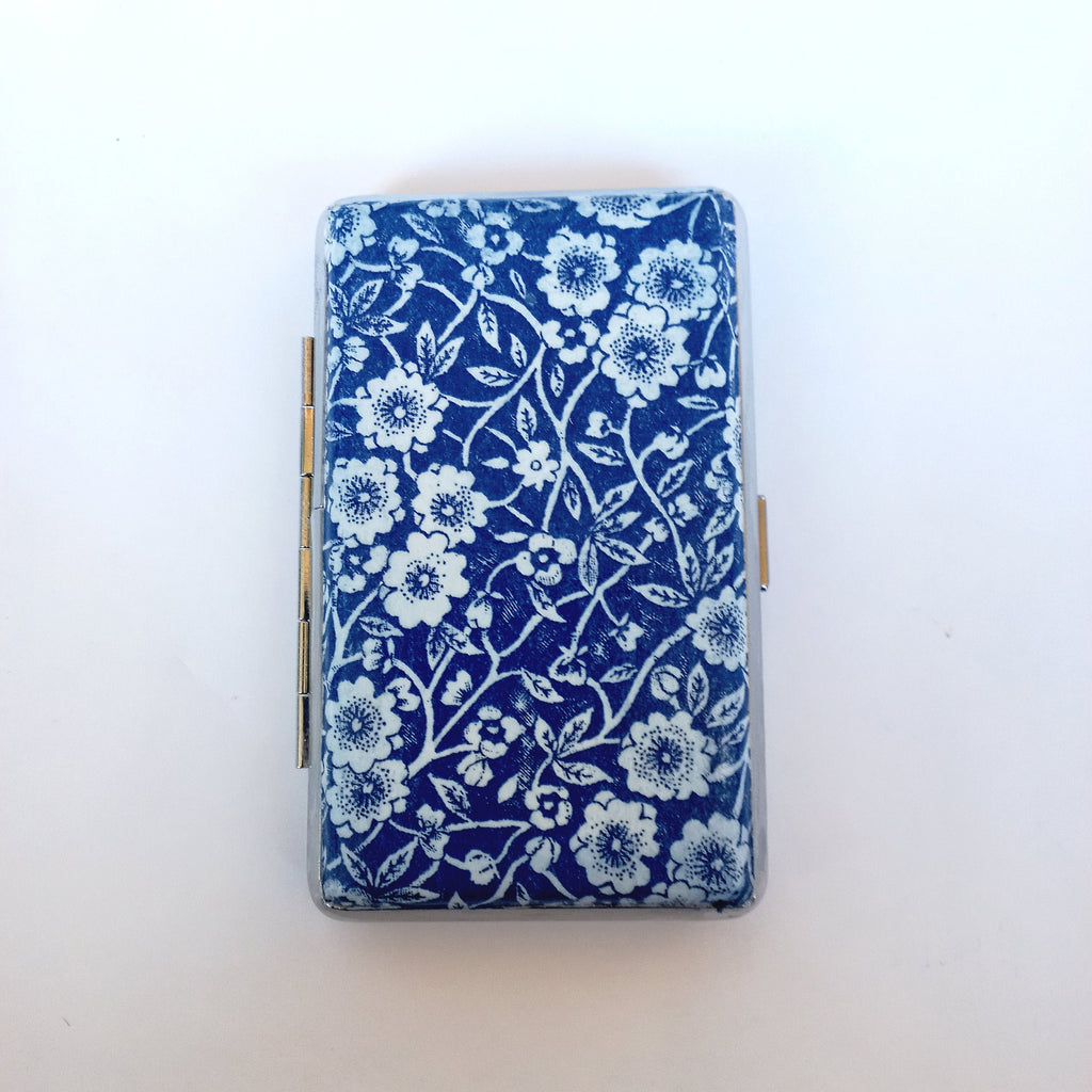 Burleigh Blue Calico cigarrette case, 100s slim cigarette box, Gentle cobalt blue floral pattern case, business card case for her