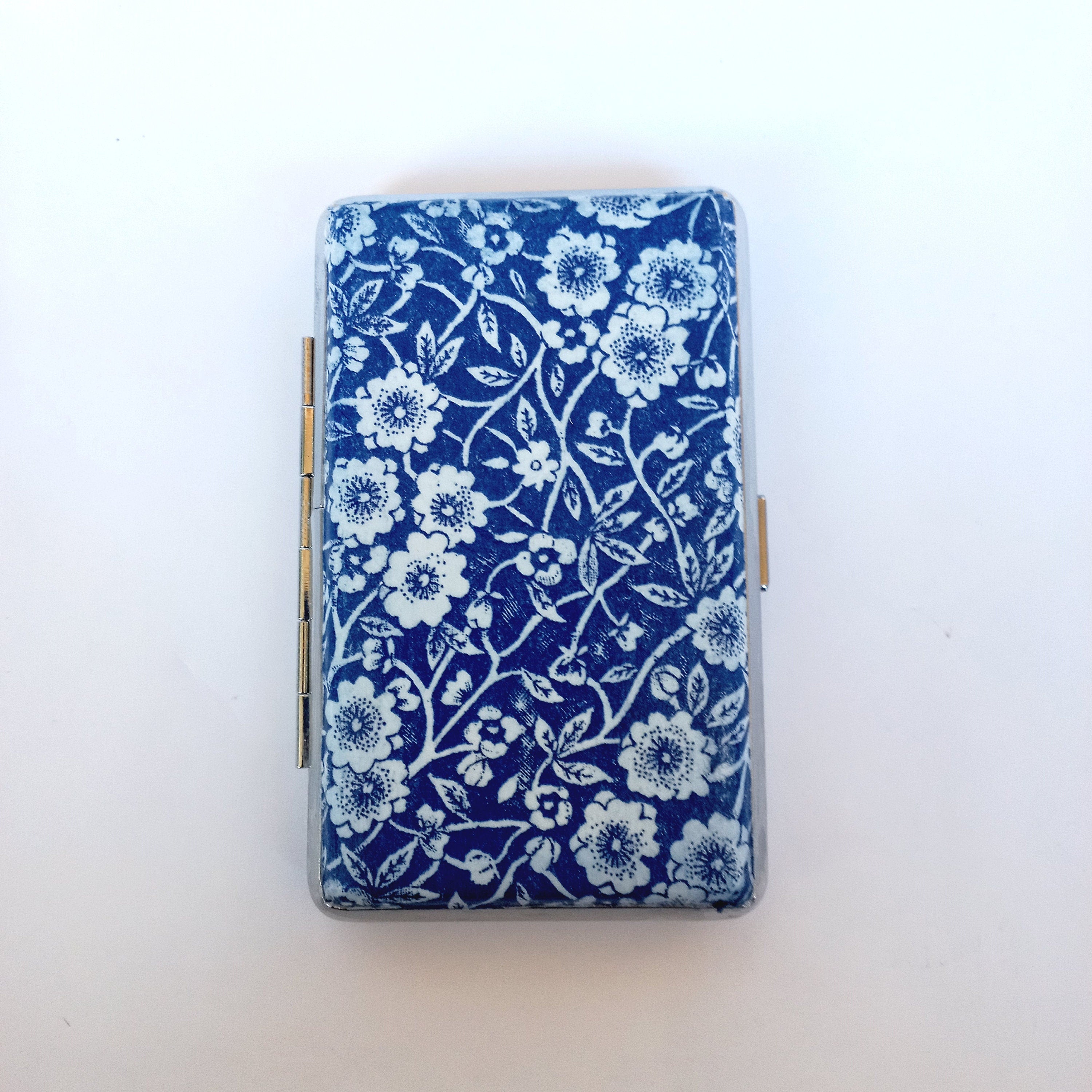 Burleigh Blue Calico cigarrette case, 100s slim cigarette box, Gentle cobalt blue floral pattern case, business card case for her