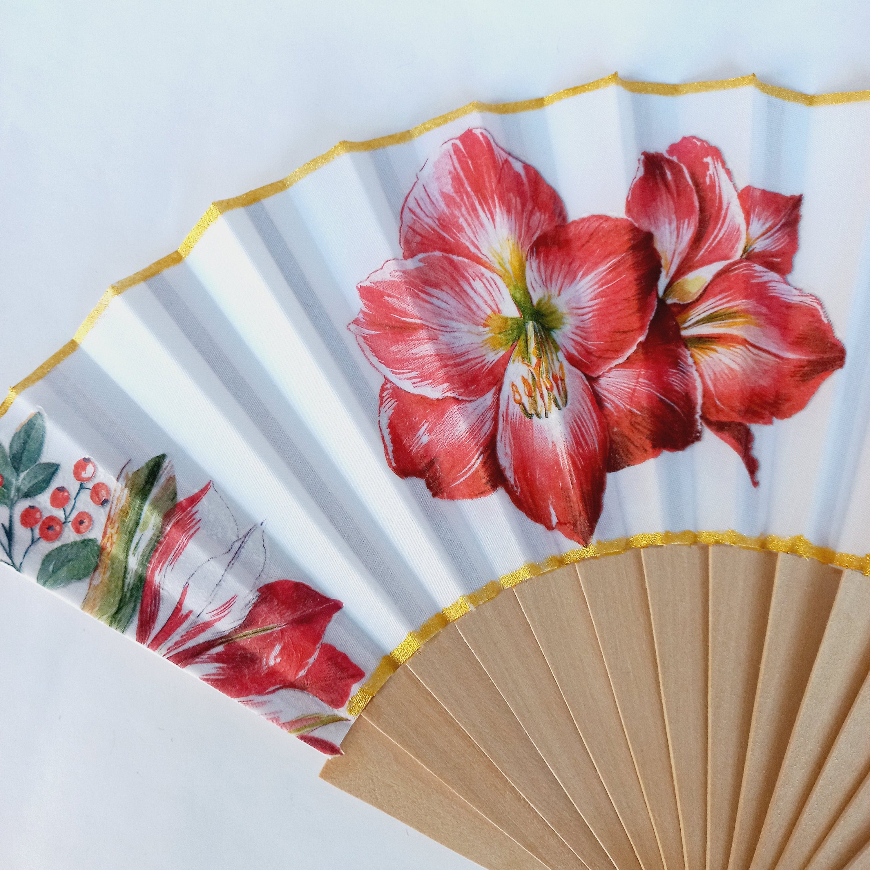 Amarillys Hand Fan, Red Floral Holding Fan, Wedding Dress Accessory, Spanish Hand Fan, Bride hand fan, gift for mom, garden wedding