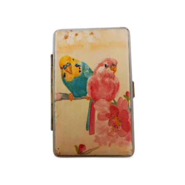 Cigarrette case with Parrots in love, 100s slim cigarette box, birds pattern, budgie parrots lovers gift, business card case, gift for her