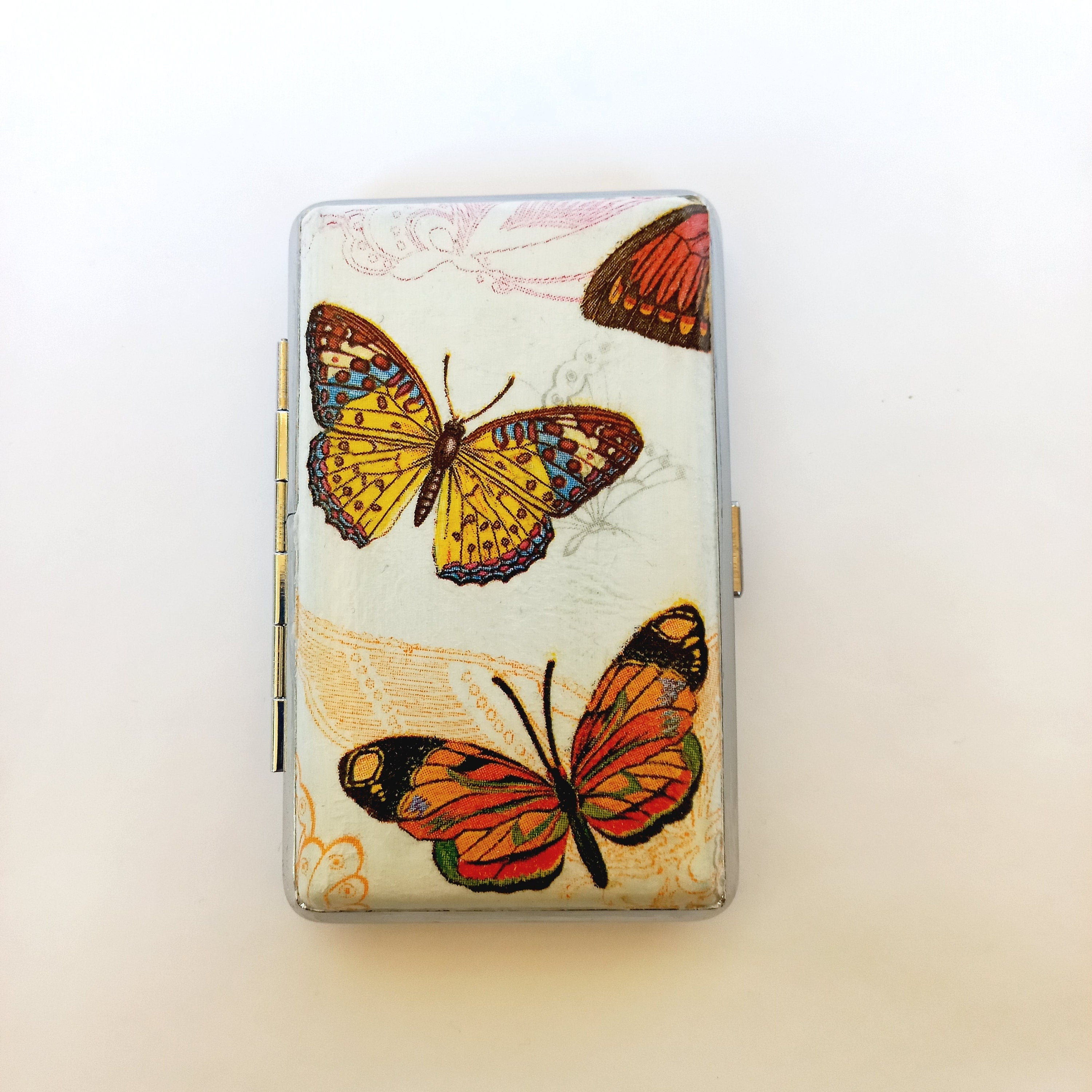 Slim 100 Cigarette Case with Butterflies, Business Card Case, Gift for Smokers, Elegant Gift for Her, Credit Card Case, Bag Purse