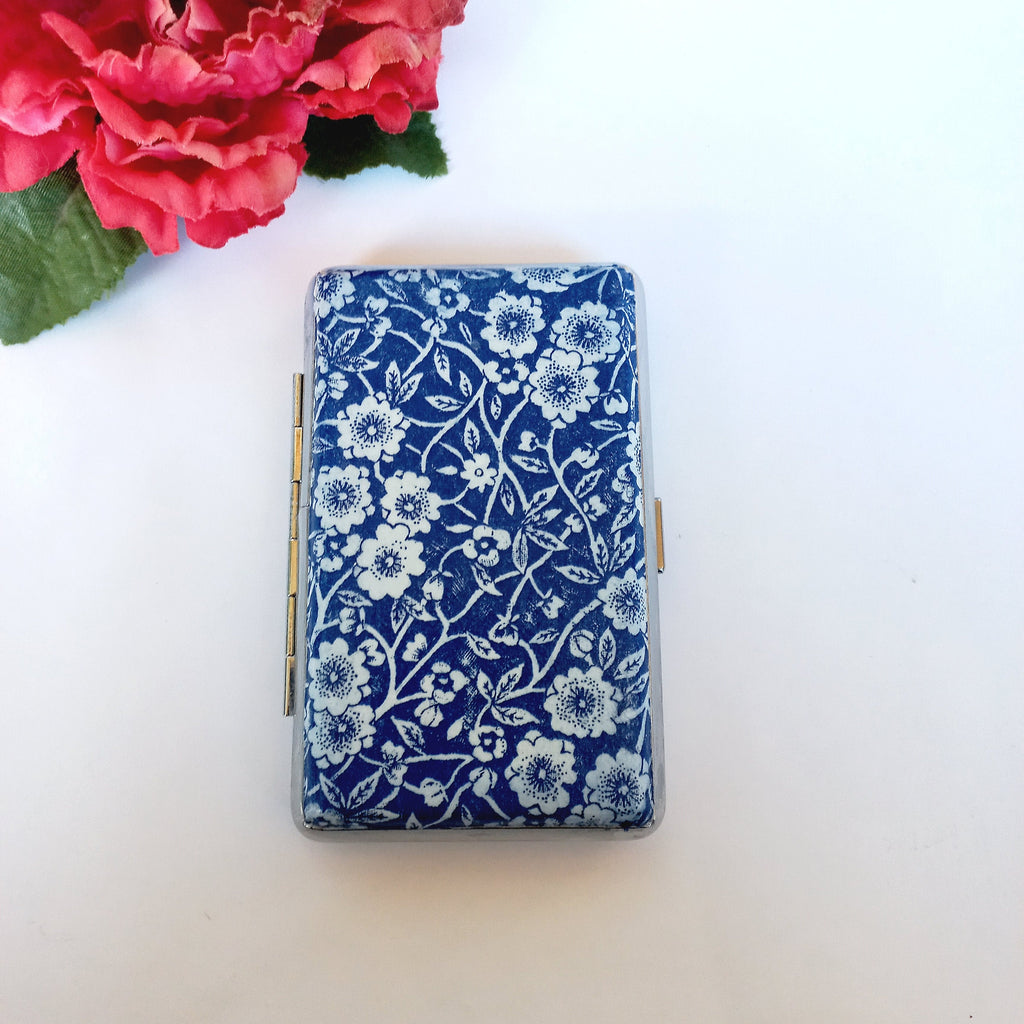 Burleigh Blue Calico cigarrette case, 100s slim cigarette box, Gentle cobalt blue floral pattern case, business card case for her