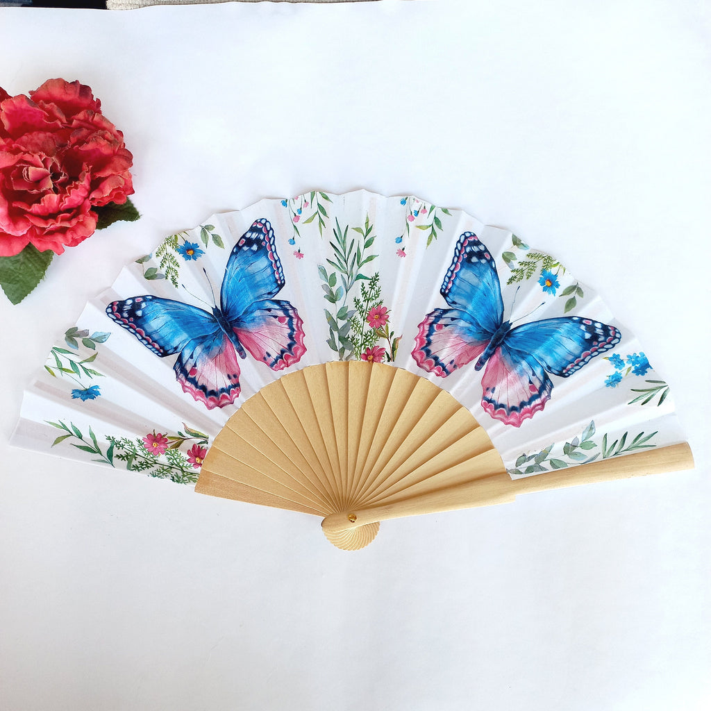 Blue Butterflies Hand Fan, Feather Holding Fan, Wedding Gift, Bride Accessory, Bridesmaid Hand Fan, Summer Accessory