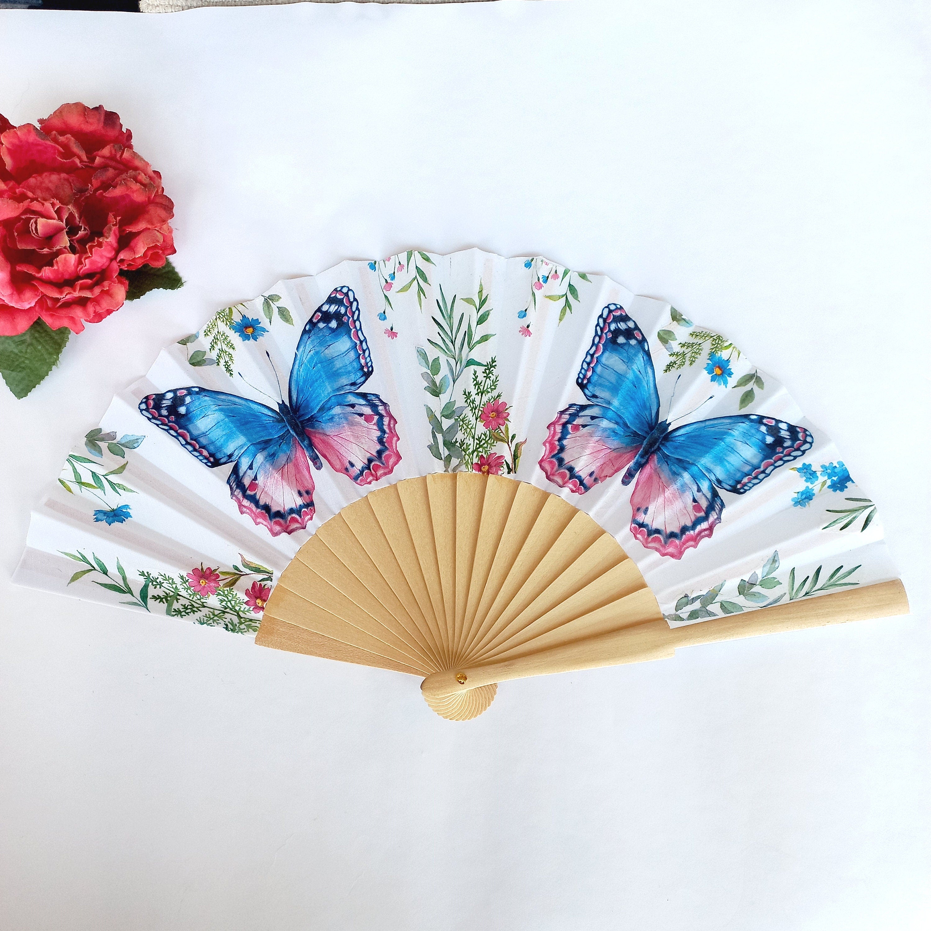 Blue Butterflies Hand Fan, Feather Holding Fan, Wedding Gift, Bride Accessory, Bridesmaid Hand Fan, Summer Accessory
