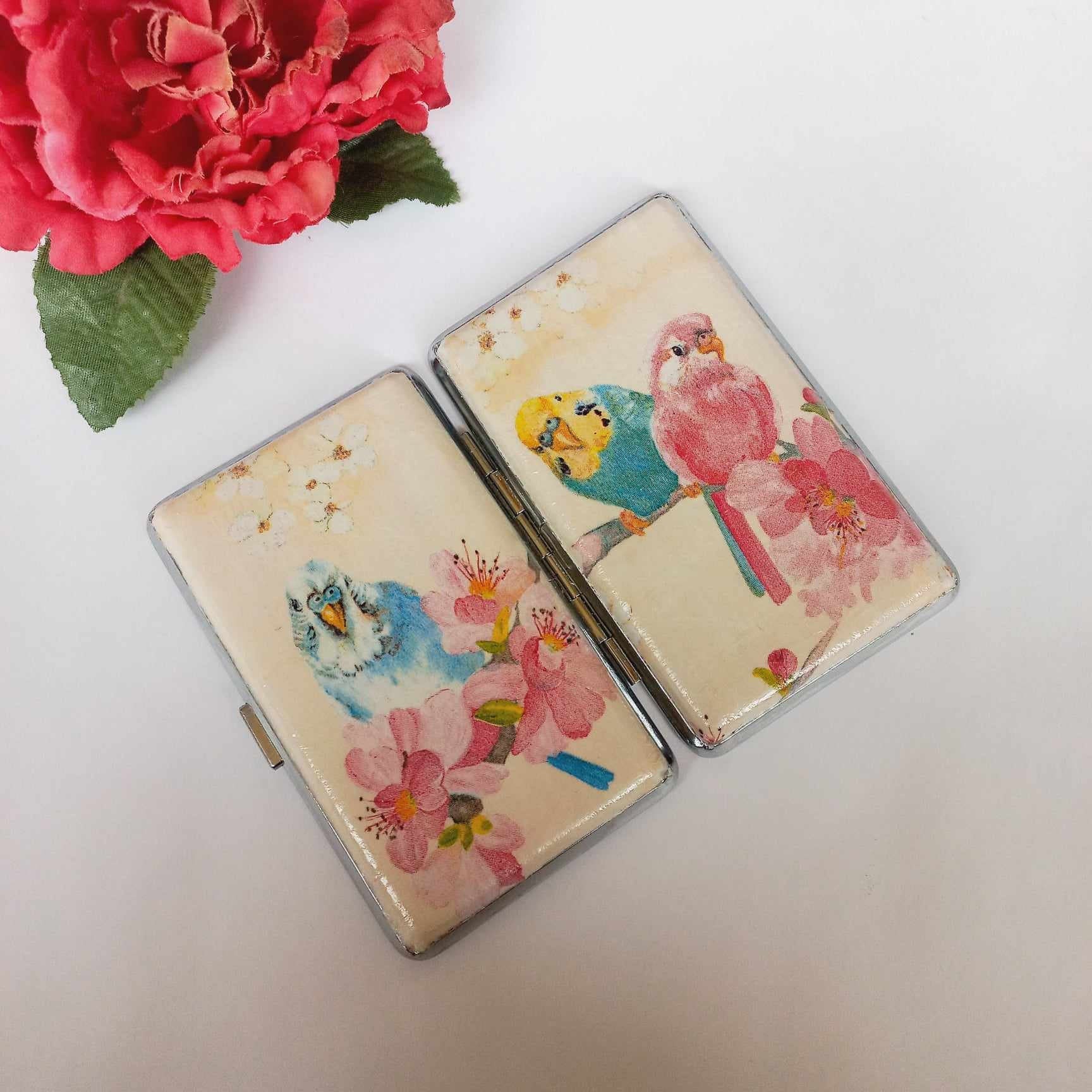Cigarrette case with Parrots in love, 100s slim cigarette box, birds pattern, budgie parrots lovers gift, business card case, gift for her
