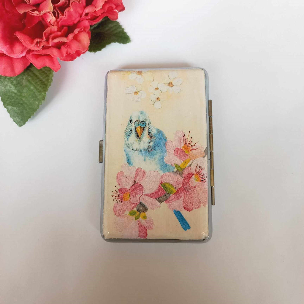 Cigarrette case with Parrots in love, 100s slim cigarette box, birds pattern, budgie parrots lovers gift, business card case, gift for her