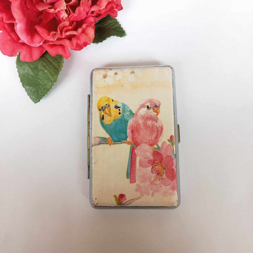 Cigarrette case with Parrots in love, 100s slim cigarette box, birds pattern, budgie parrots lovers gift, business card case, gift for her