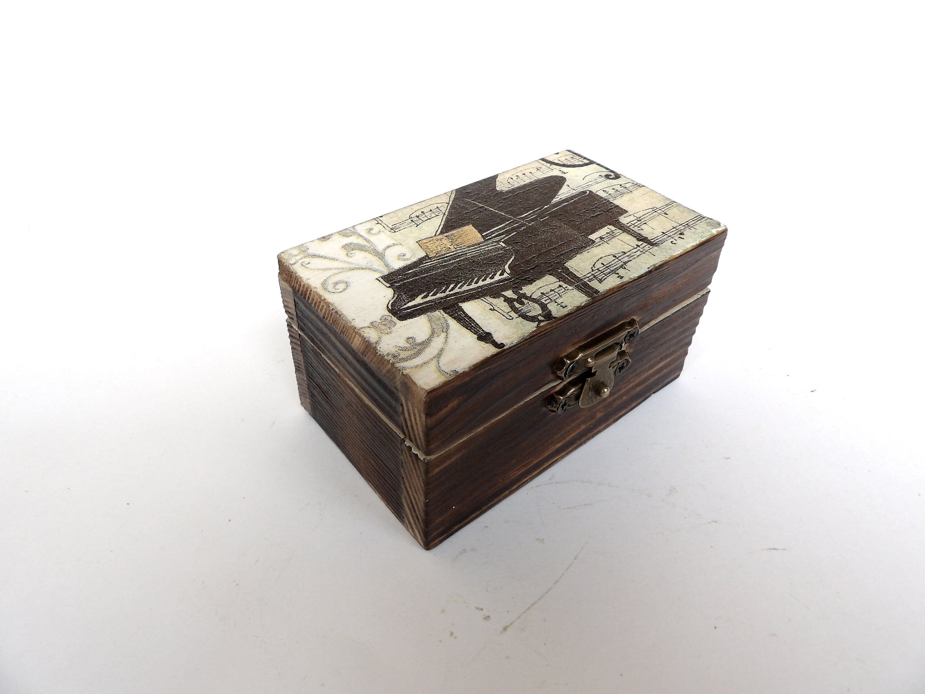 Wooden jewelry box with piano and notes, small shabby chic box for musicians, OOAK art box, rustic grand piano box, gift for music teacher