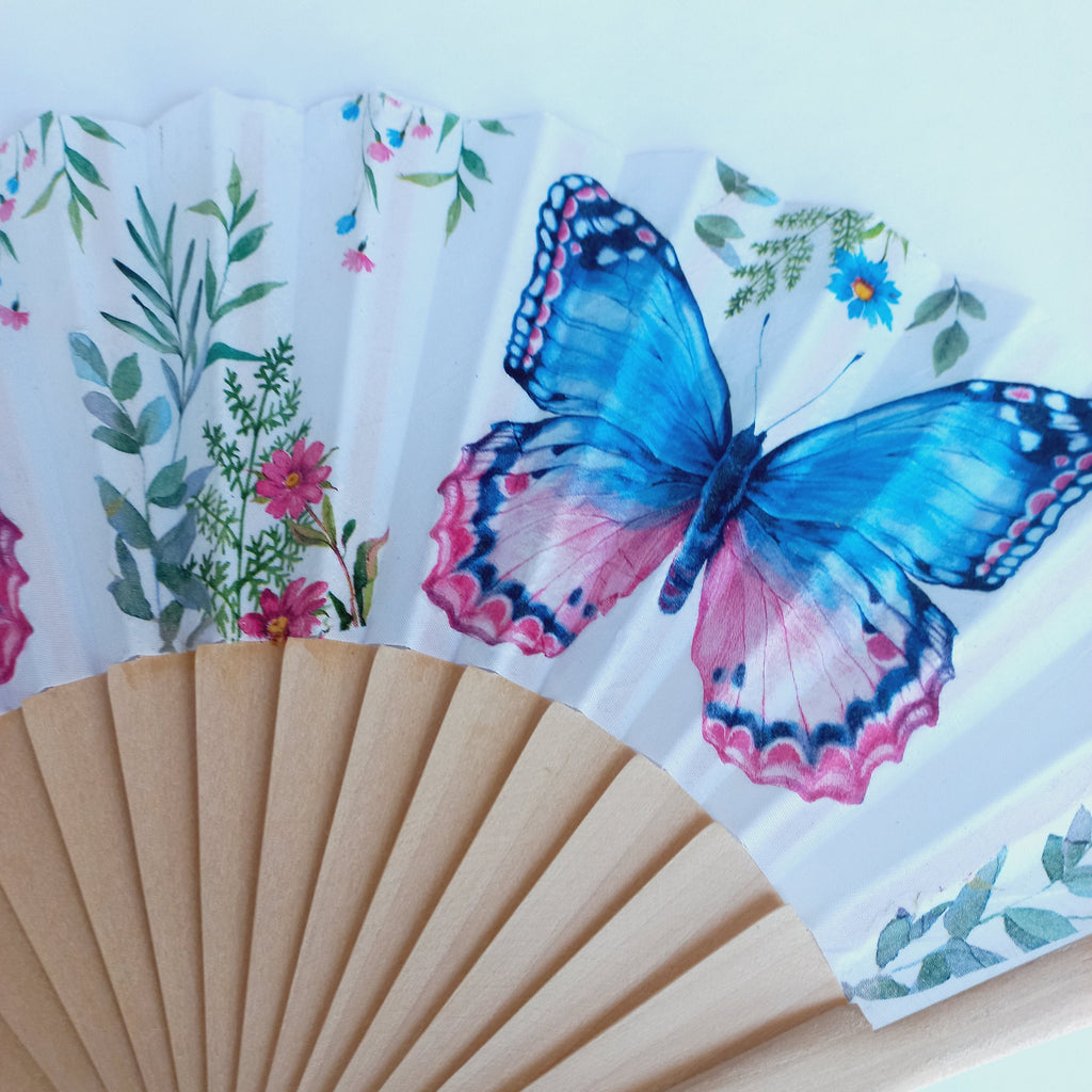 Blue Butterflies Hand Fan, Feather Holding Fan, Wedding Gift, Bride Accessory, Bridesmaid Hand Fan, Summer Accessory