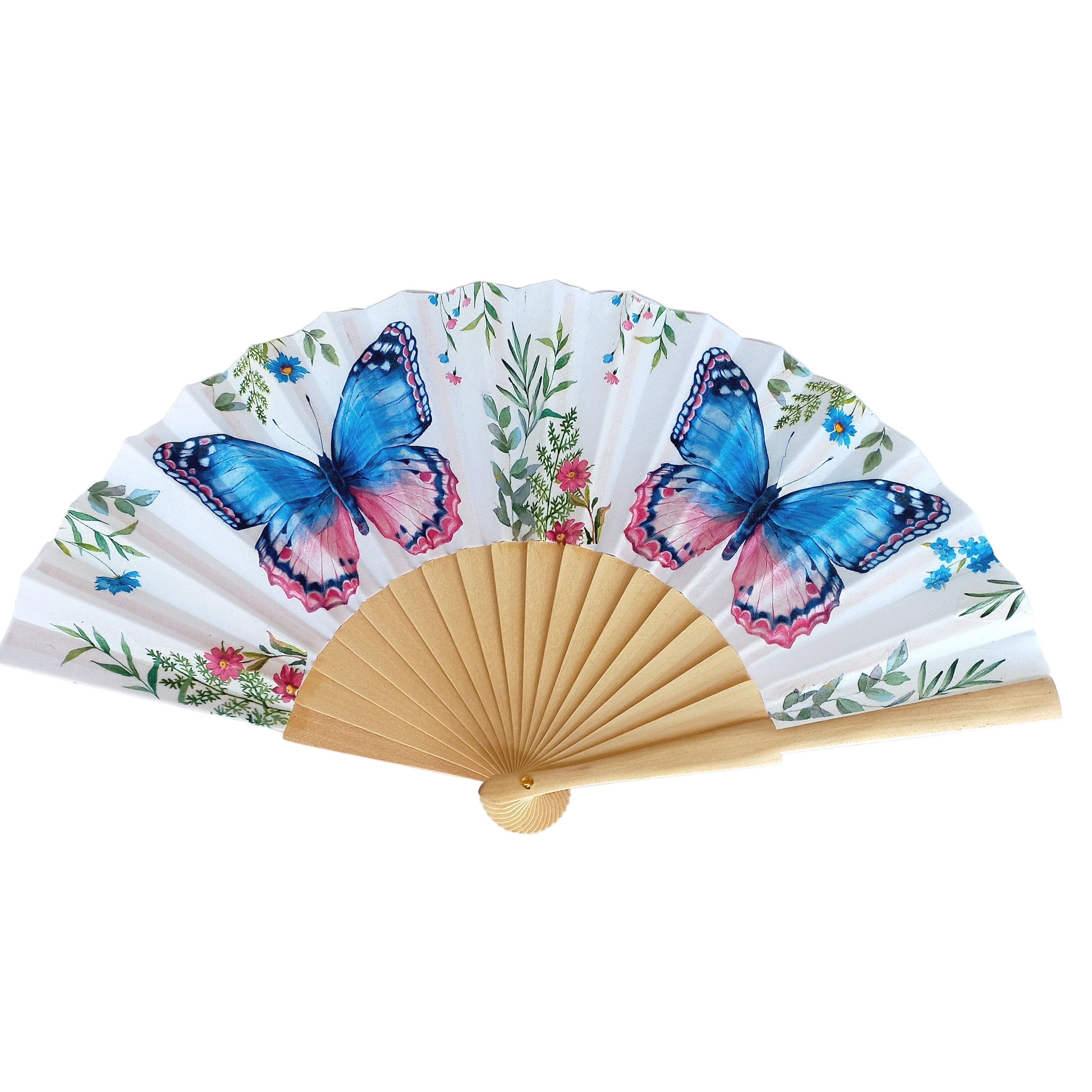 abanico artesanal con mariposas en azul y rosa y flores