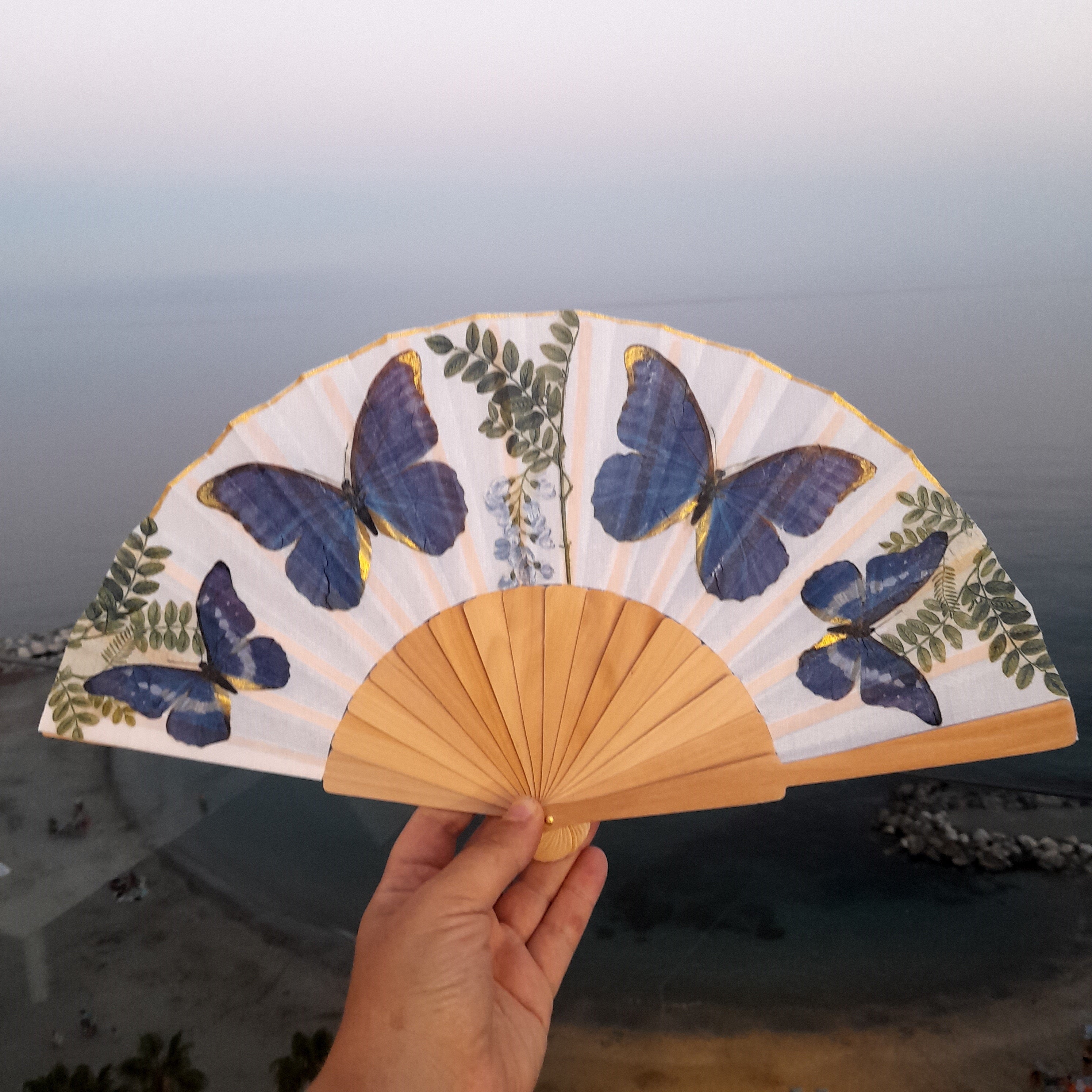 Blue Butterfly Hand Fan: Folding Wedding Accessory