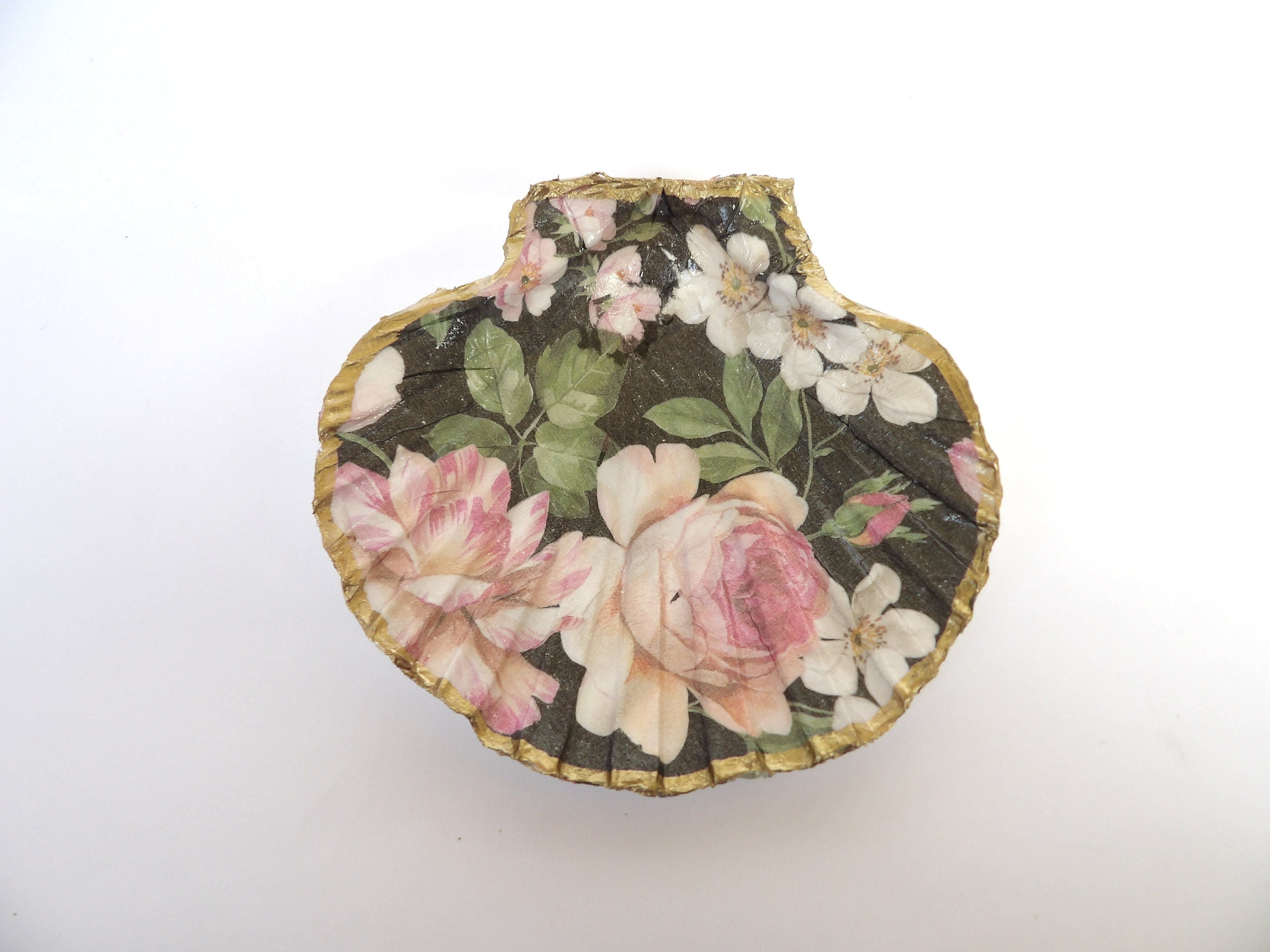 Scallop shell ring dish, soap dish, jewelry dish, large  shells dish, floral trinket dish, candy dish, bathroom decor with birds, botainical