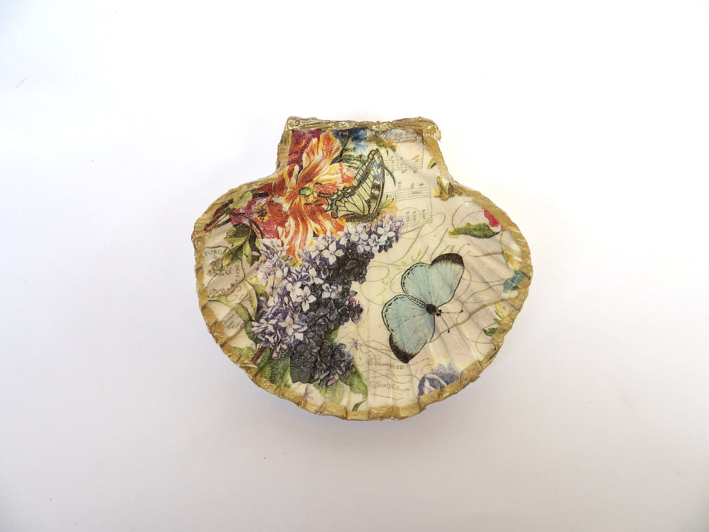 Scallop shell ring dish, soap dish, jewelry dish, large  shells dish, floral trinket dish, candy dish, bathroom decor with birds, botainical