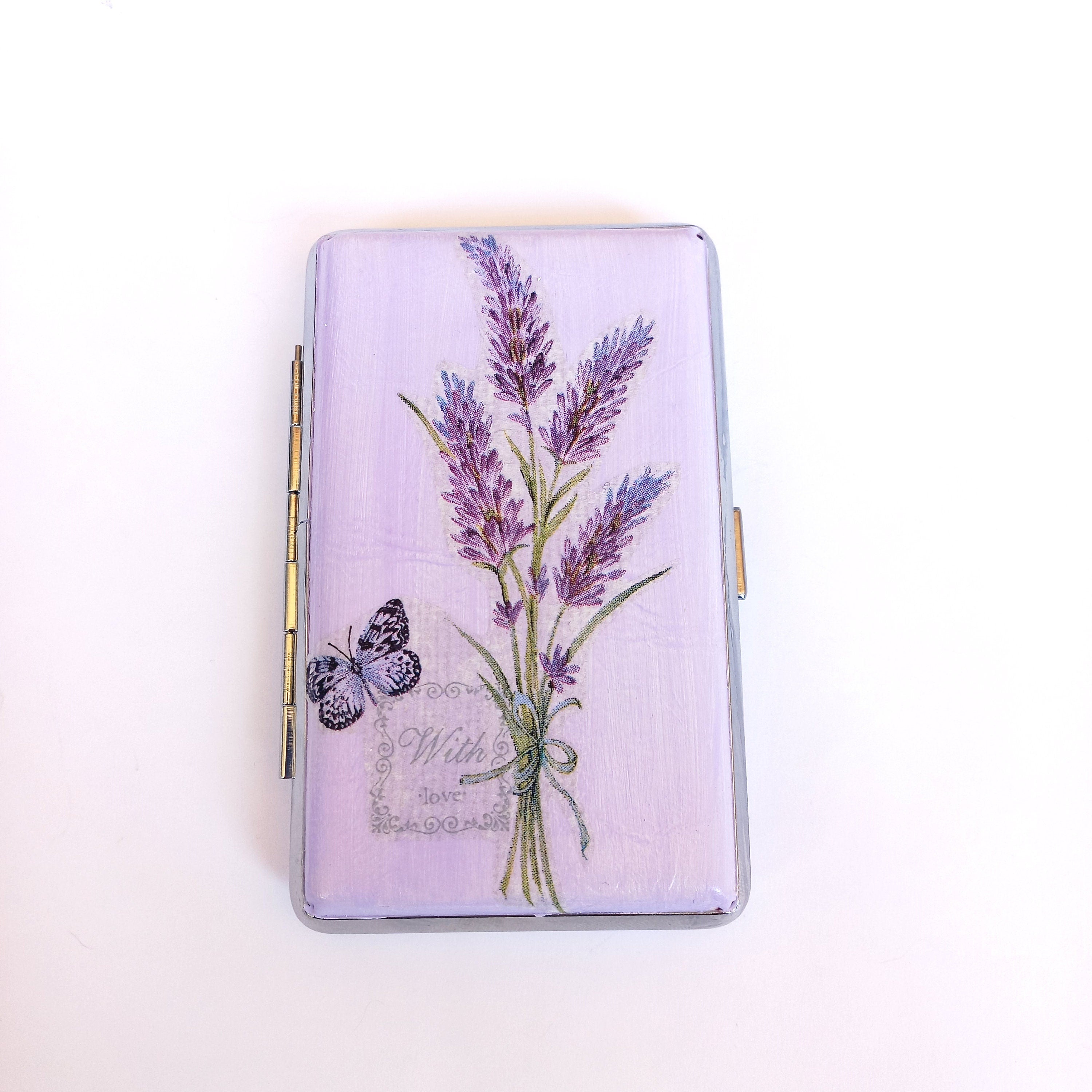 Slim 100's Cigarrette Case with Lavander, Floral Box, Business Card Case, Gift for Smokers, Gift for Her, Credit Card Case, Bag Purse