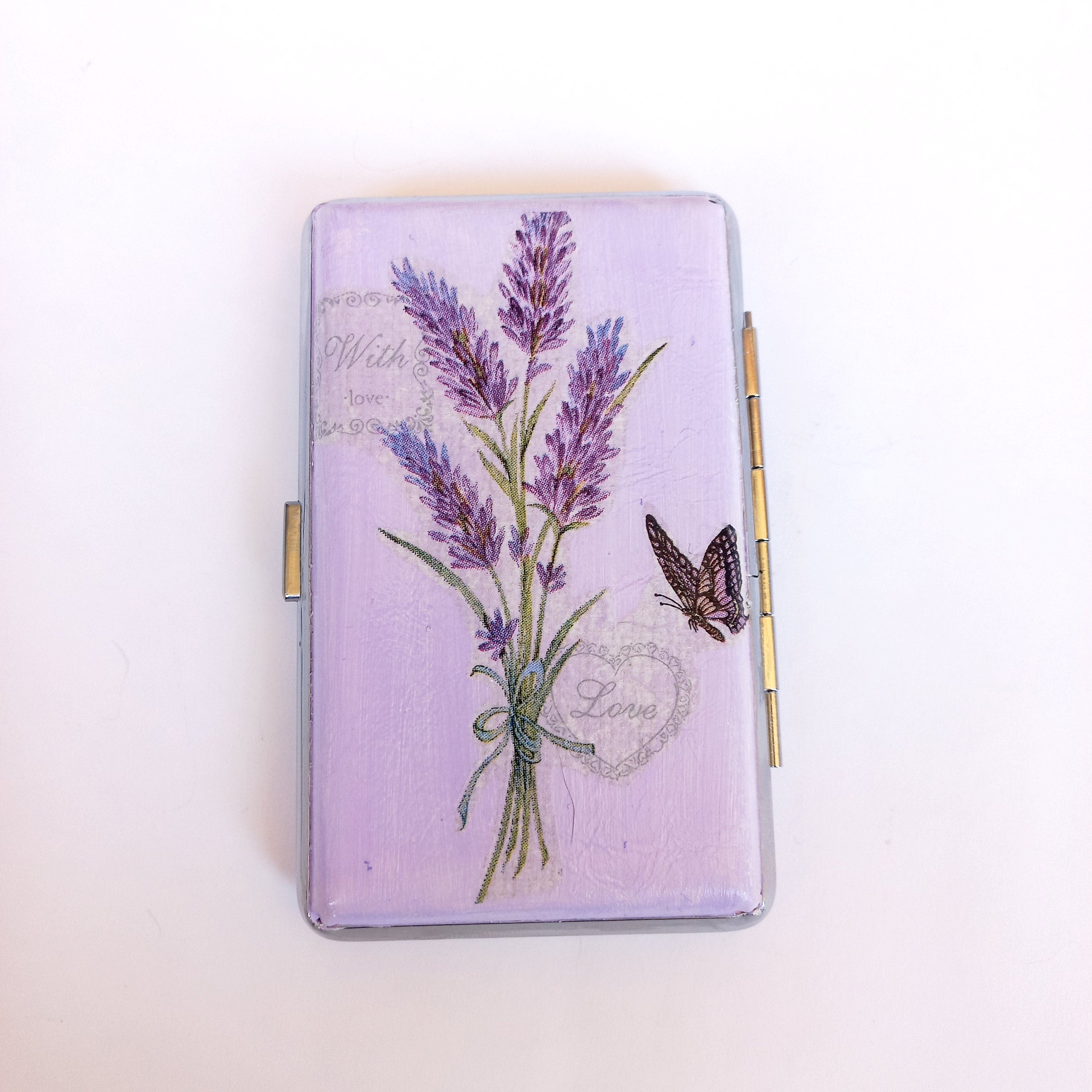 Slim 100's Cigarrette Case with Lavander, Floral Box, Business Card Case, Gift for Smokers, Gift for Her, Credit Card Case, Bag Purse