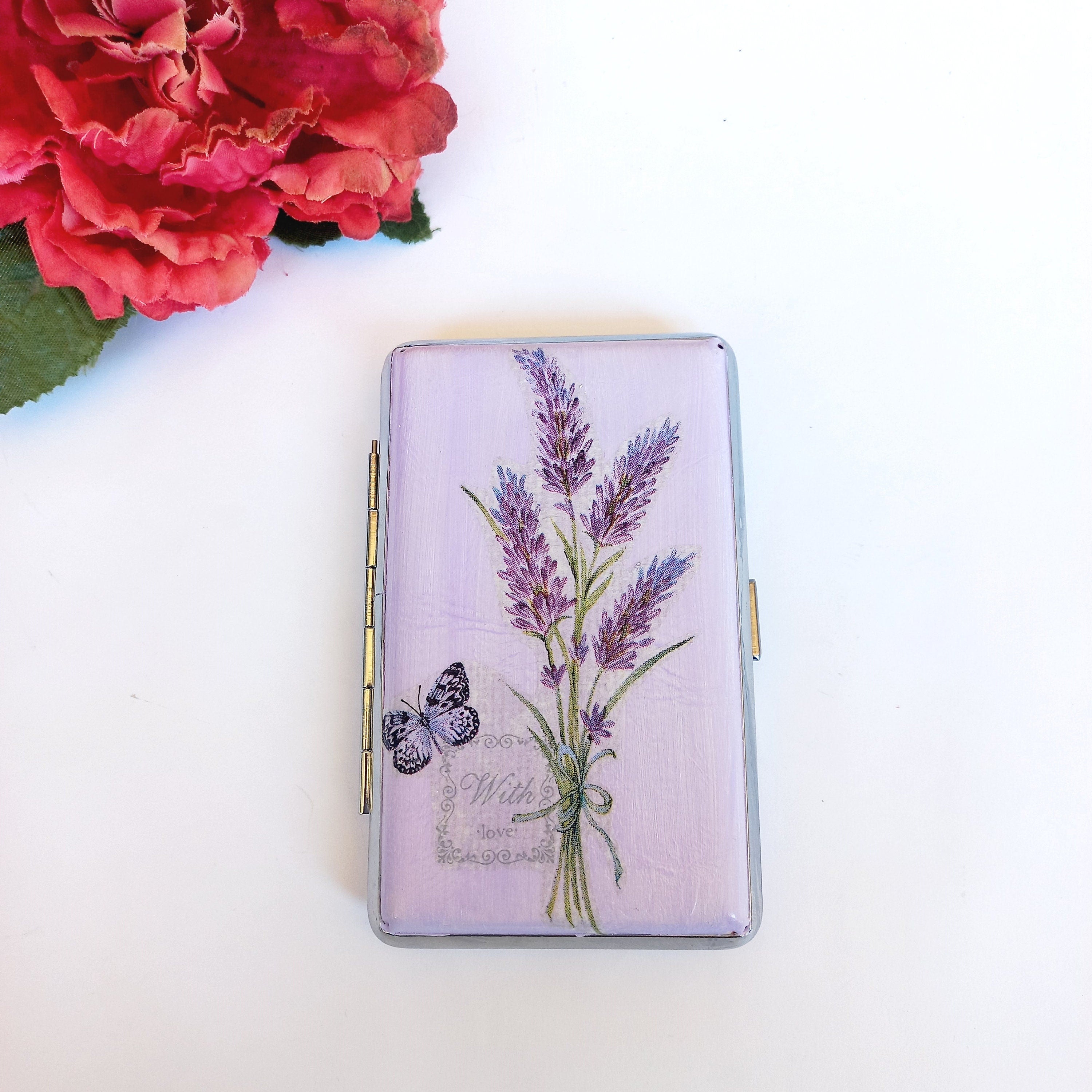 Slim 100's Cigarrette Case with Lavander, Floral Box, Business Card Case, Gift for Smokers, Gift for Her, Credit Card Case, Bag Purse