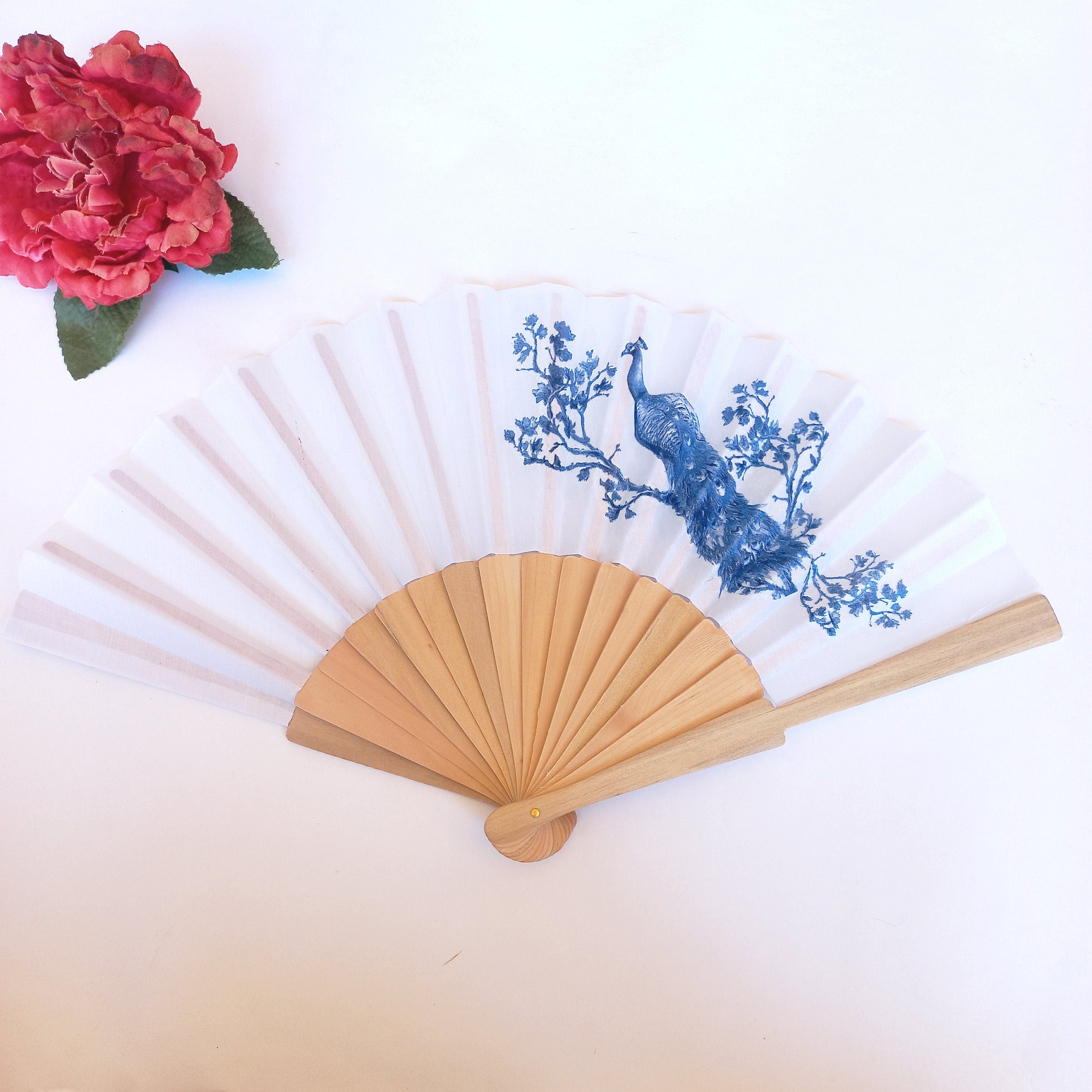 Blue Royal Peacock Hand Fan, Floral Holding Fan, Blue Wedding Accessory, Spanish Hand Fan, Something blue for bride, gift for bridesmade