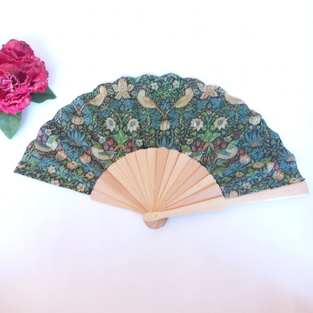 William Morris Hand Fan, Straberry thief design, birds hand fan, Floral Holding Fan, Spanish Hand Fan, gift for bride, gift for bride mom