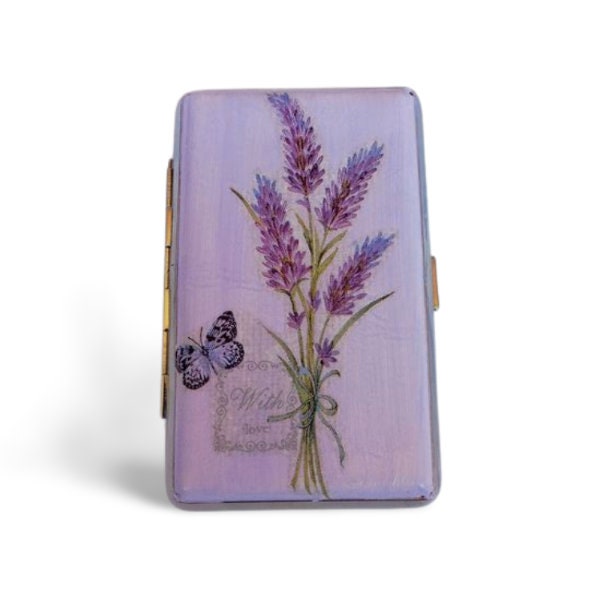 Slim 100's Cigarrette Case with Lavander, Floral Box, Business Card Case, Gift for Smokers, Gift for Her, Credit Card Case, Bag Purse