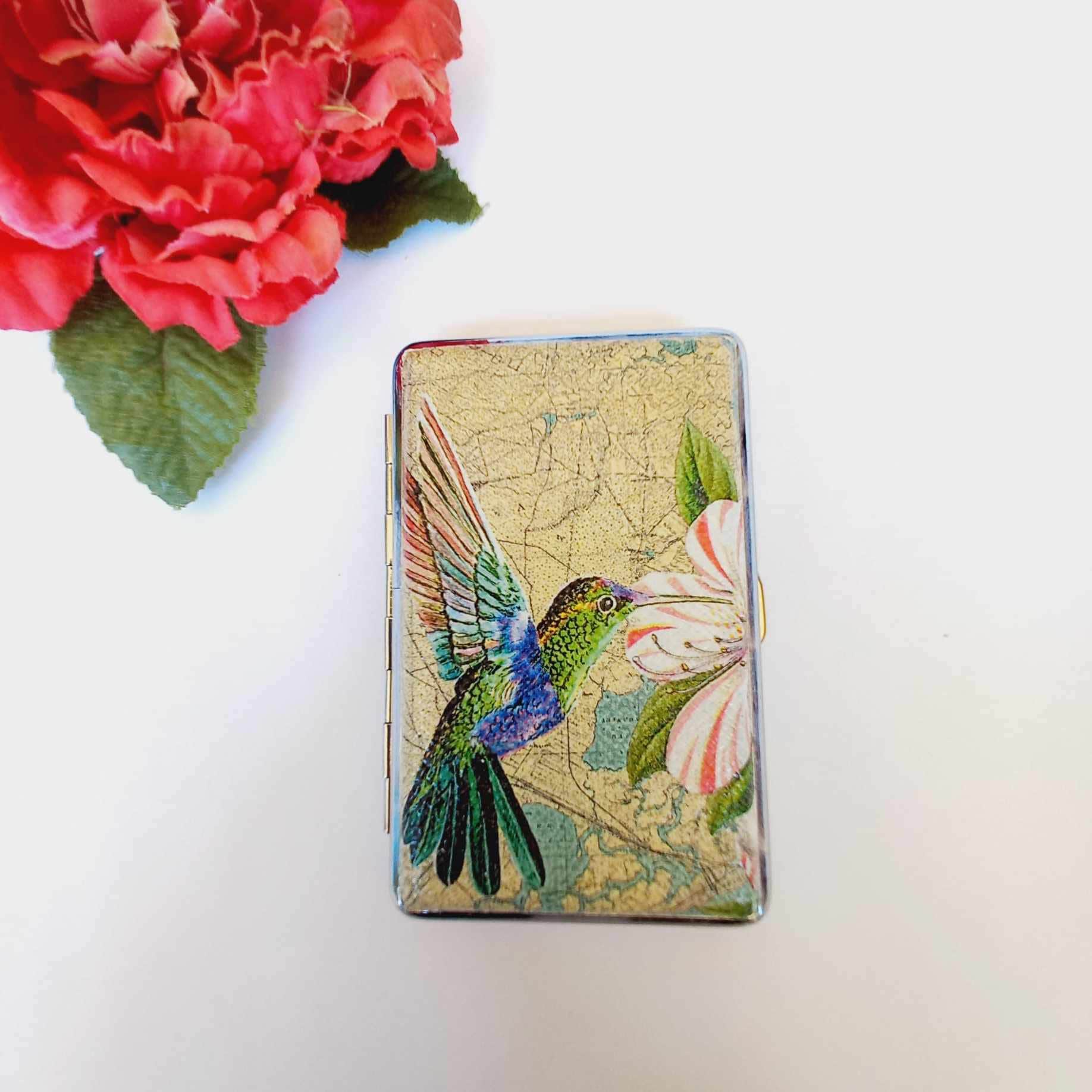 Cigarrette case with Hummingbird, 100's slim cigarette box, bird and floral pattern, business card case, elegant gift for her