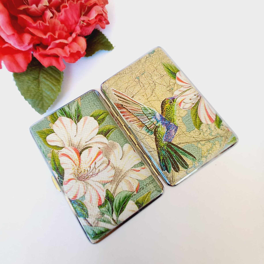 Cigarrette case with Hummingbird, 100's slim cigarette box, bird and floral pattern, business card case, elegant gift for her