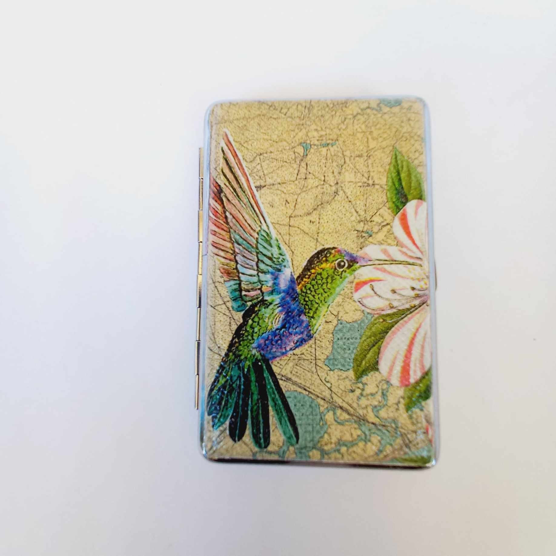 Cigarrette case with Hummingbird, 100's slim cigarette box, bird and floral pattern, business card case, elegant gift for her