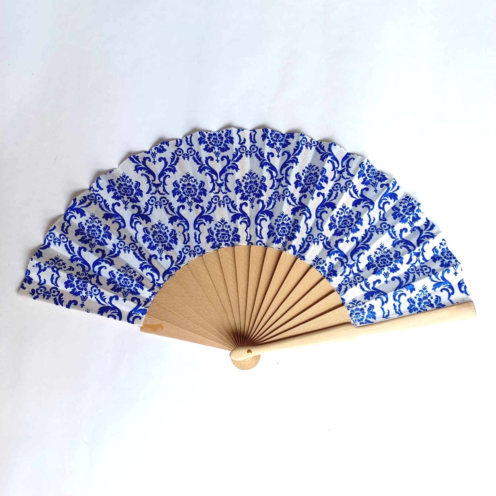 Blue and White Porcelain Hand Fan, Floral Holding Fan, Evening or Wedding Dress Accessory, Spanish Hand Fan, Something blue for bride,