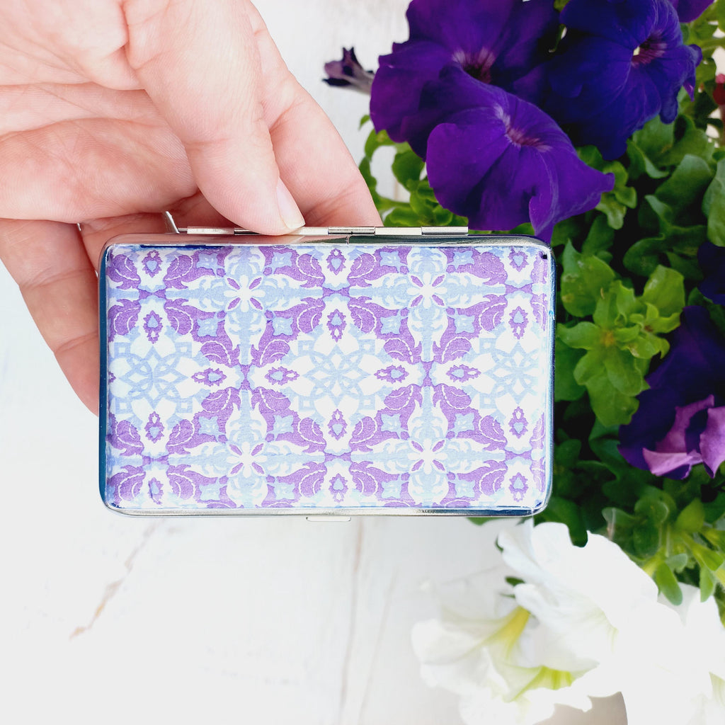 Mediterranean Tiles cigarrette case, 100's slim cigarette box, Purple White pattern, geometric pattern, business card case, elegant gift