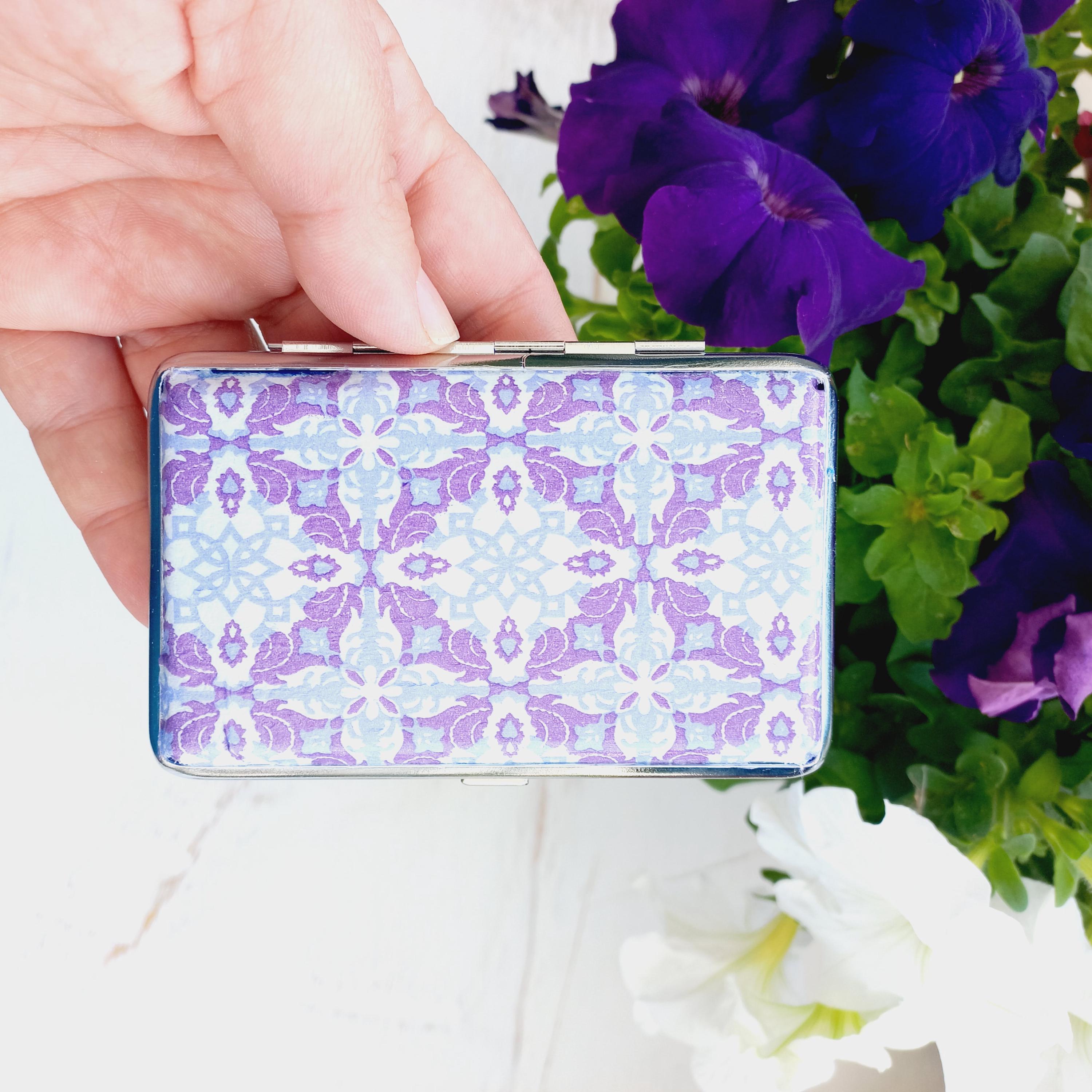 Mediterranean Tiles cigarrette case, 100's slim cigarette box, Purple White pattern, geometric pattern, business card case, elegant gift