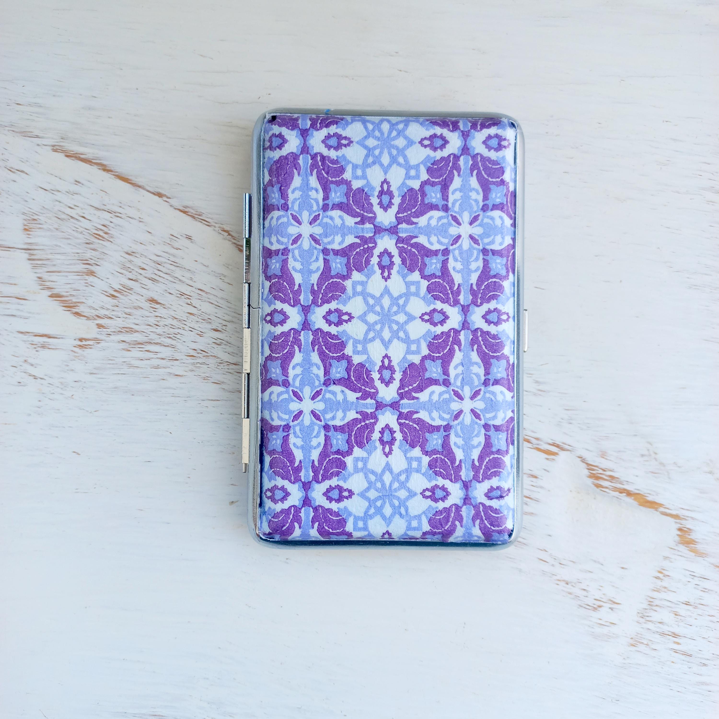 Mediterranean Tiles cigarrette case, 100's slim cigarette box, Purple White pattern, geometric pattern, business card case, elegant gift