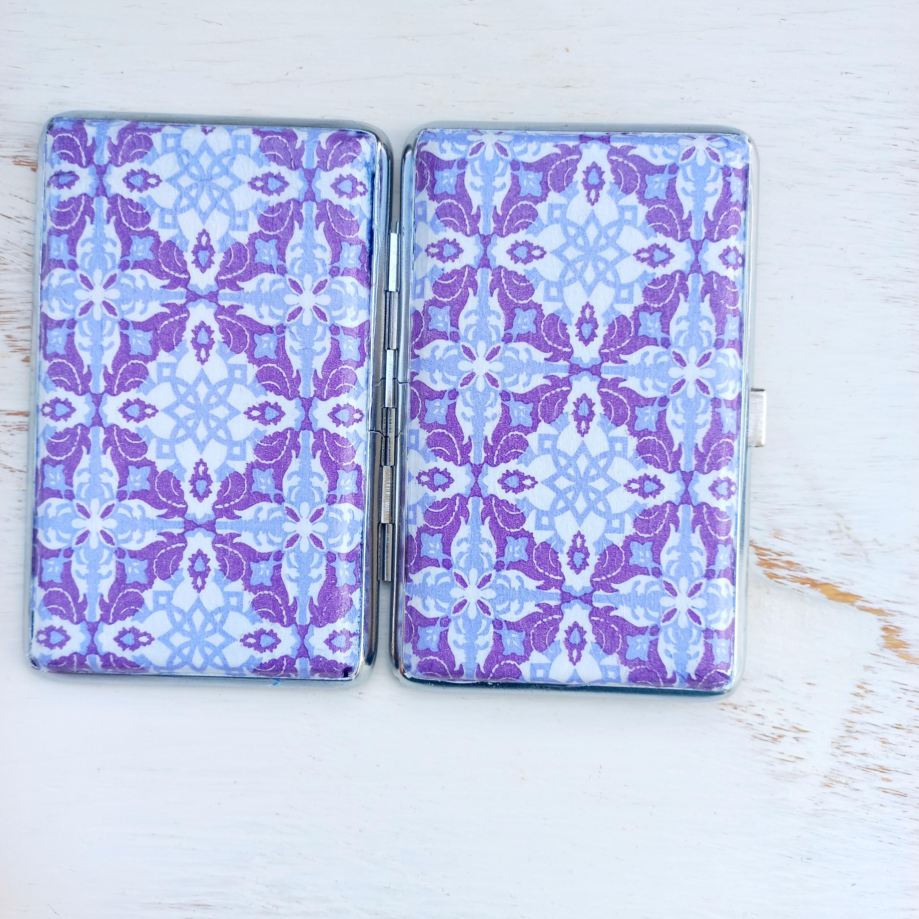 Mediterranean Tiles cigarrette case, 100's slim cigarette box, Purple White pattern, geometric pattern, business card case, elegant gift
