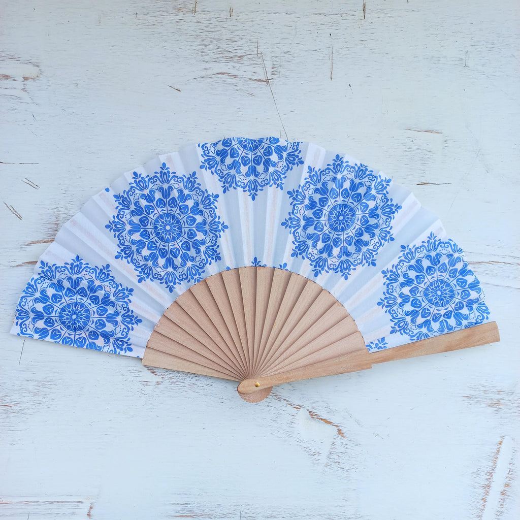 Blue Mandala Hand Fan - Wedding Dress or Evening Accessory - Spanish Design - Brides Something Blue - Moms Gift
