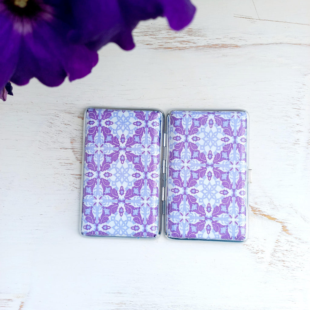 Mediterranean Tiles cigarrette case, 100's slim cigarette box, Purple White pattern, geometric pattern, business card case, elegant gift