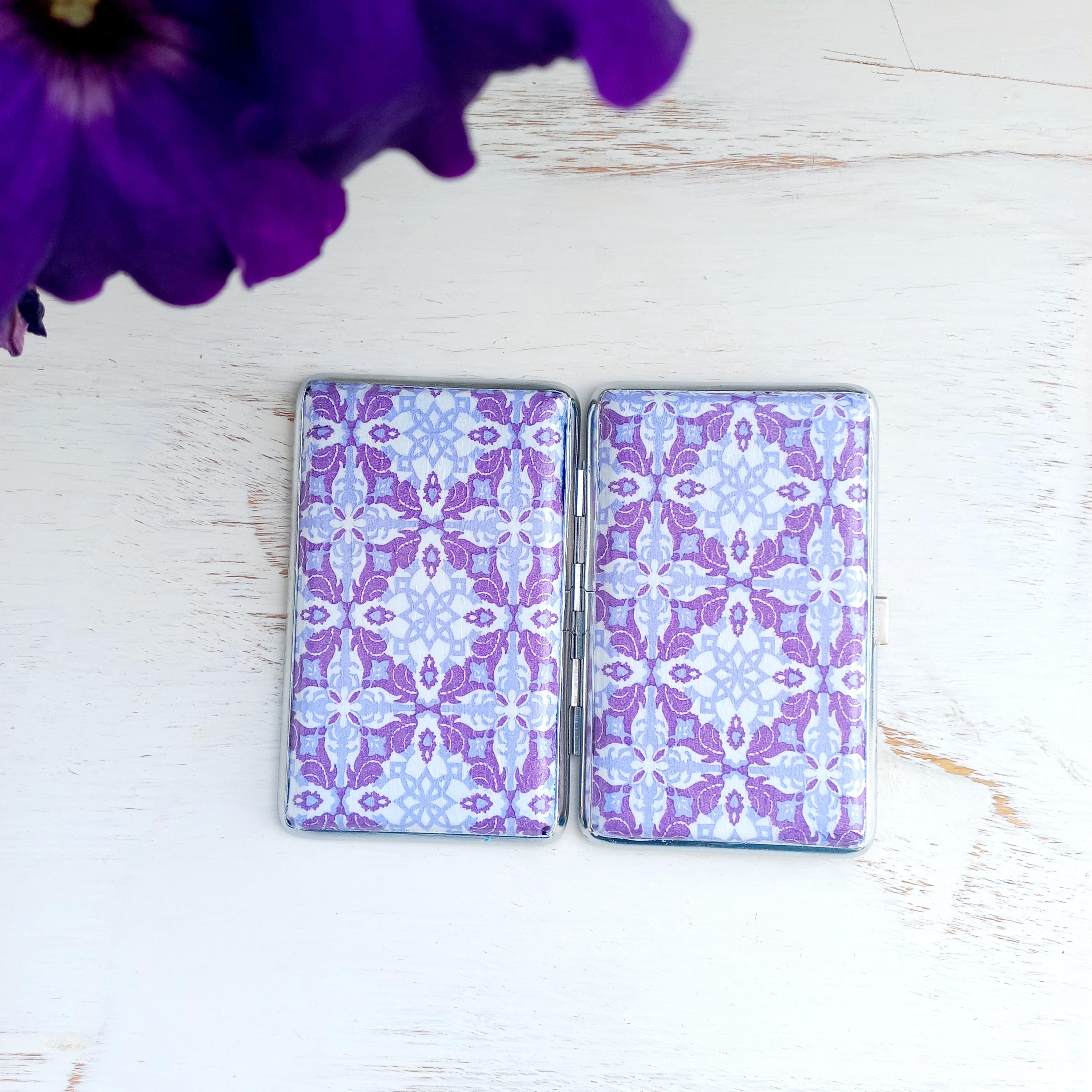 Mediterranean Tiles cigarrette case, 100's slim cigarette box, Purple White pattern, geometric pattern, business card case, elegant gift