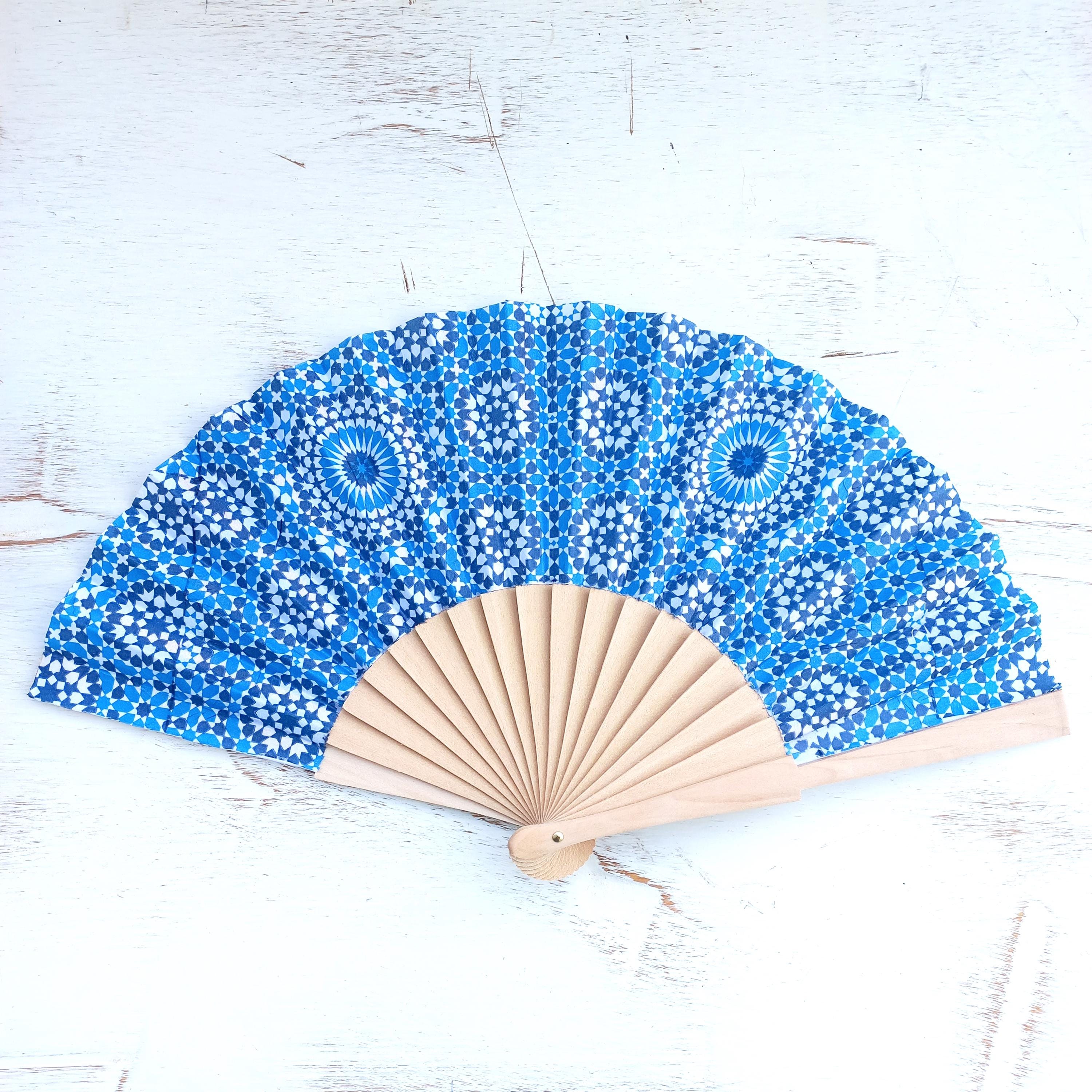 Blue Mandala Floral Hand Fan - WeddingEvening Dress Accessory - Spanish Style - Something Blue for Bride - Gift for Mom -