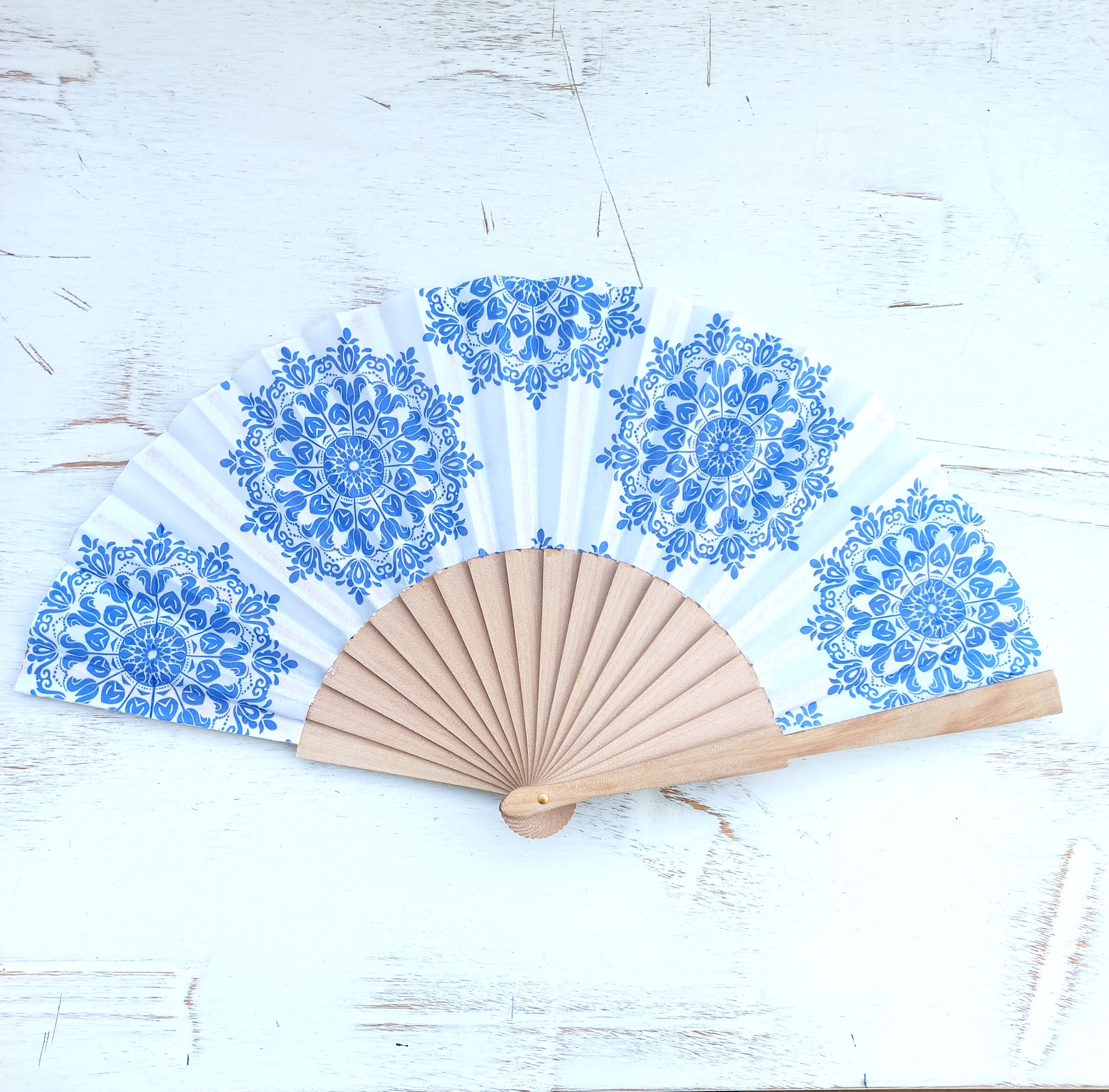 Blue Mandala Hand Fan - Wedding Dress or Evening Accessory - Spanish Design - Brides Something Blue - Moms Gift