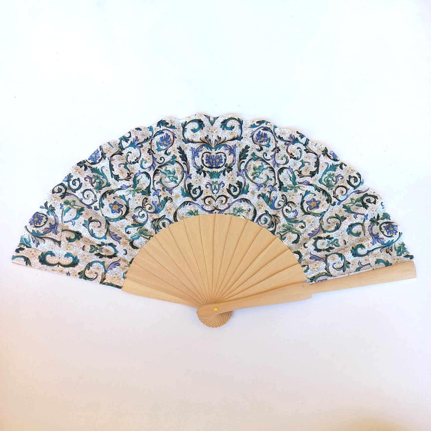 Blue Tiles Hand Fan, Mediterranean Floral Holding Fan, Wedding Dress Accessory, Spanish Hand Fan, Something blue for bride, gift for mom
