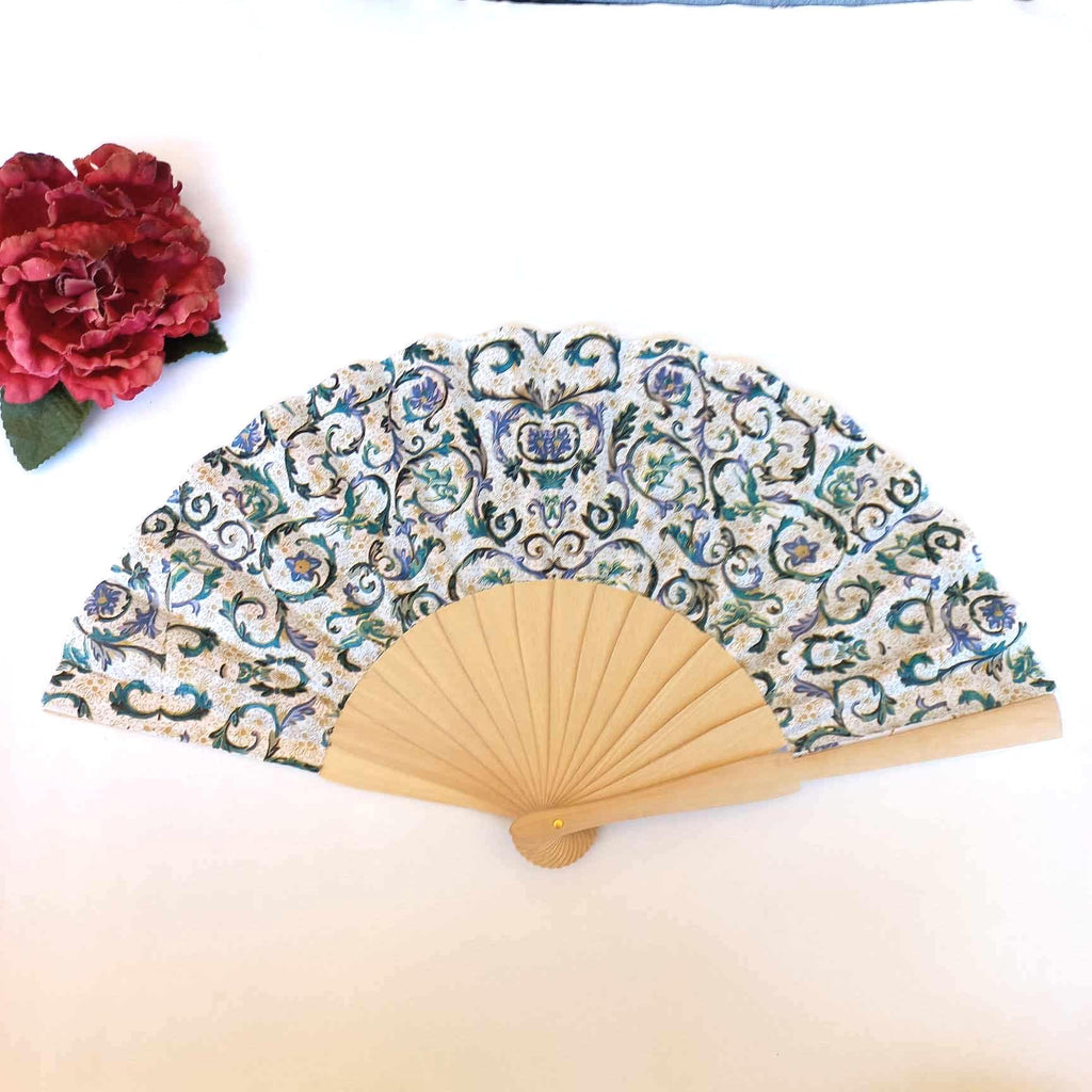 Blue Tiles Hand Fan, Mediterranean Floral Holding Fan, Wedding Dress Accessory, Spanish Hand Fan, Something blue for bride, gift for mom