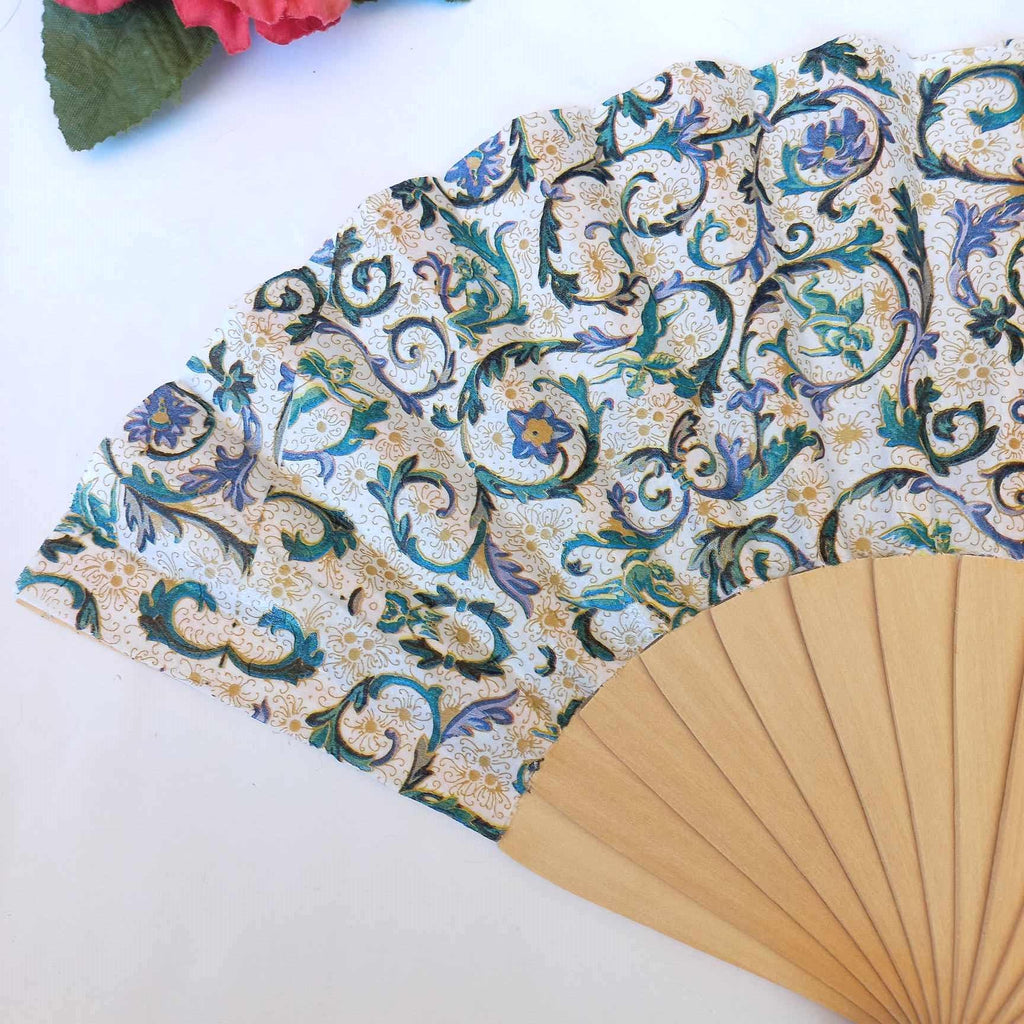 Blue Tiles Hand Fan, Mediterranean Floral Holding Fan, Wedding Dress Accessory, Spanish Hand Fan, Something blue for bride, gift for mom