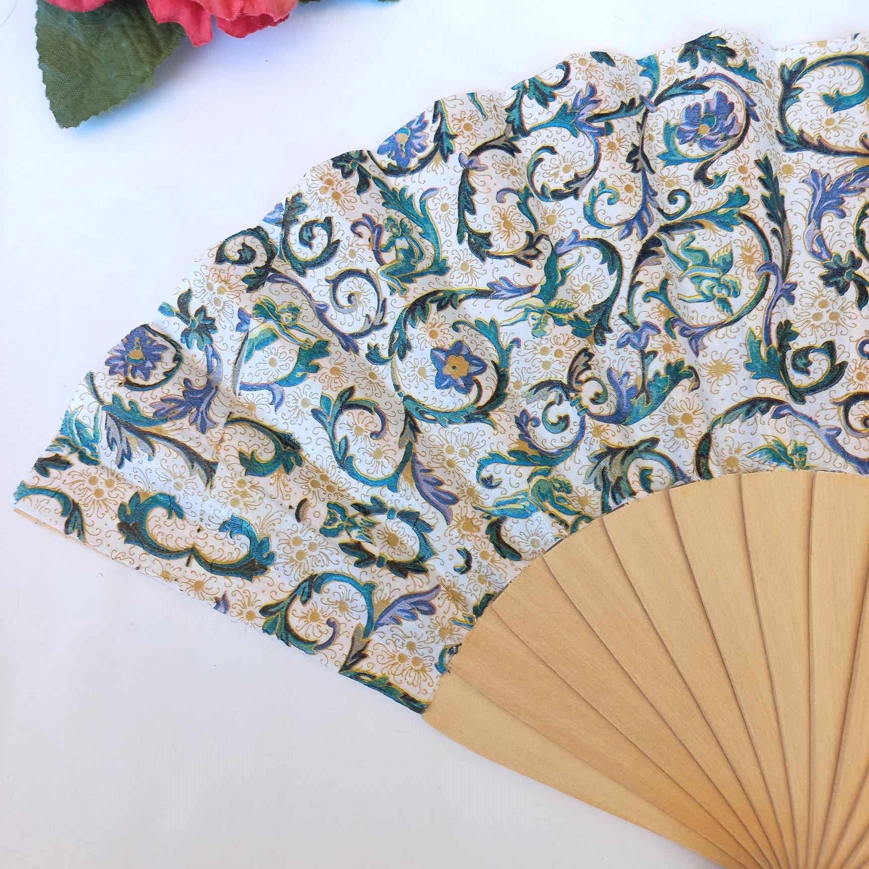 Blue Tiles Hand Fan, Mediterranean Floral Holding Fan, Wedding Dress Accessory, Spanish Hand Fan, Something blue for bride, gift for mom